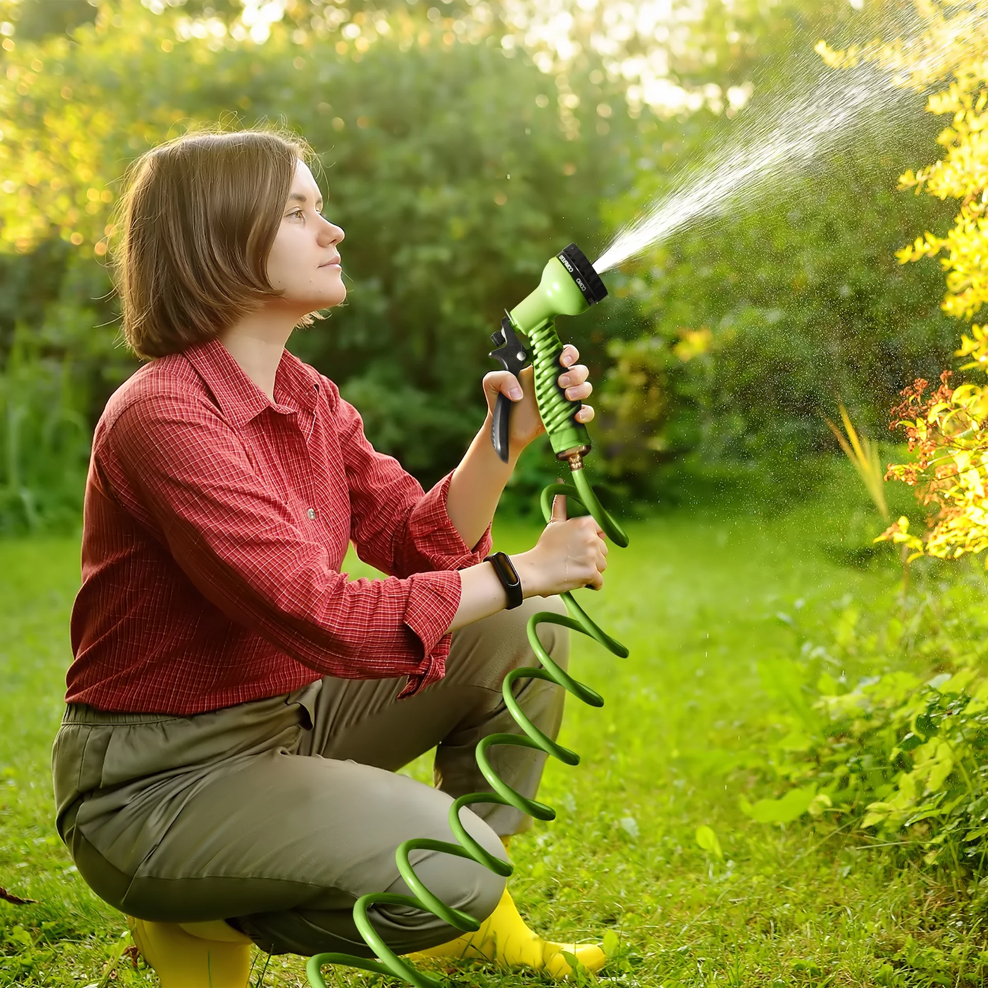 Eternal Living 50 ft Coil Garden Hose with 7-Pattern Function Sprayer and Brass Connectors, Green