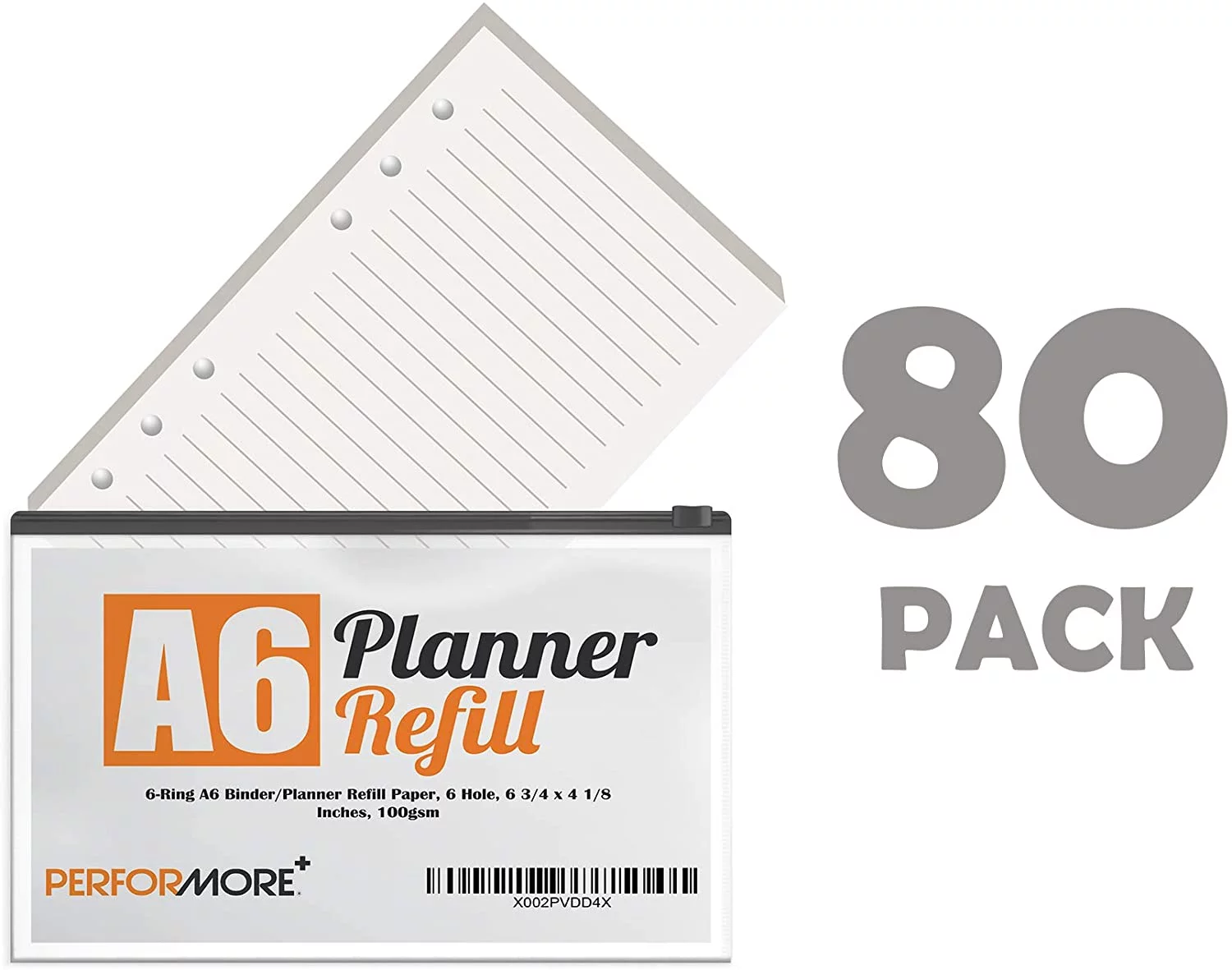 80 Sheets of 6-Ring A6 Refill Paper for Binders Planners, 6 Hole Lined Paper, 6.75