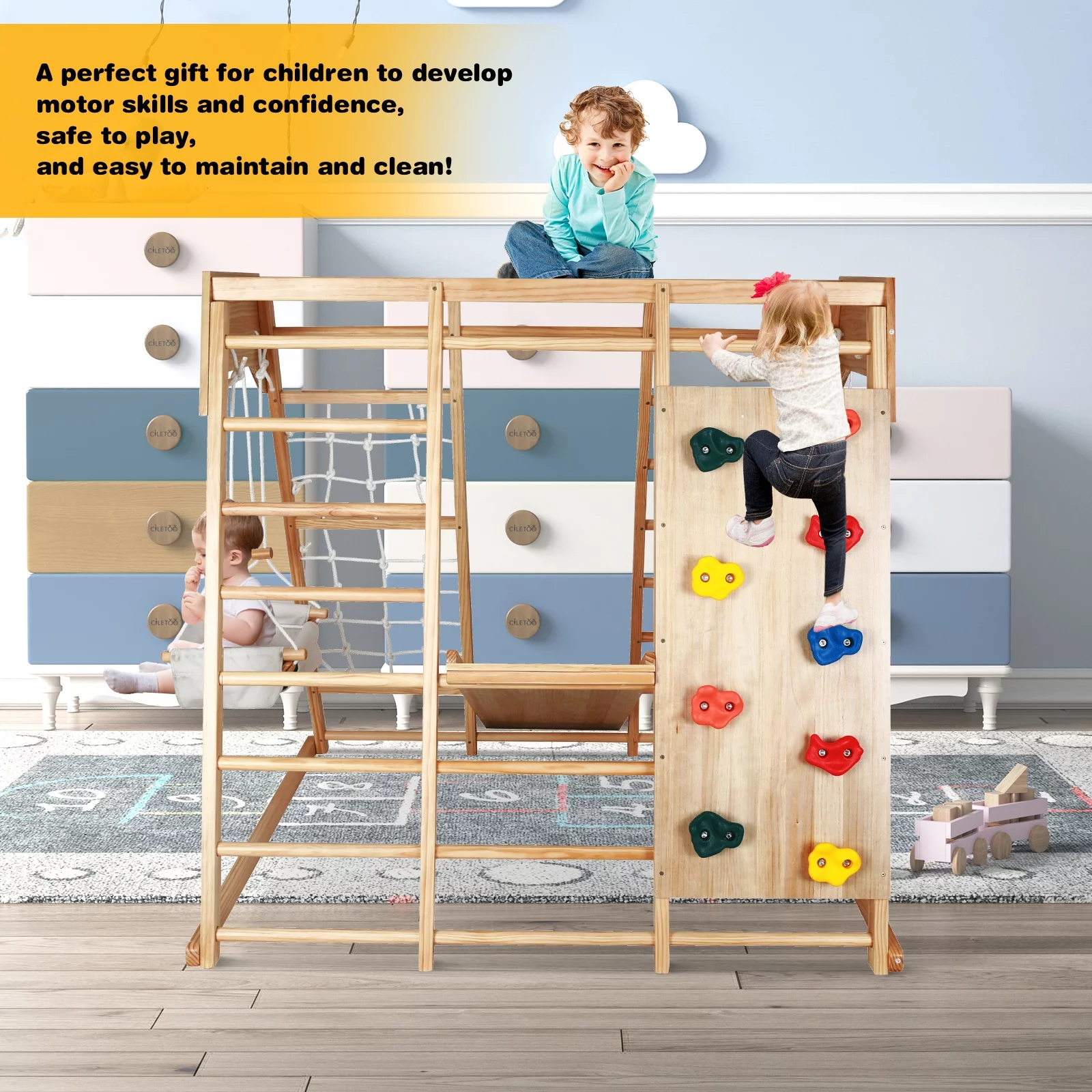 Fionafurn Indoor Outdoor 7-in-1 Kids Gym Playground Climbing Toys, with Swing, Slide, etc, Girls& Boys, Wooden, Natural