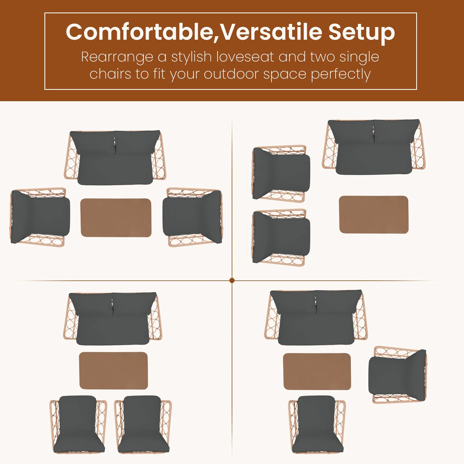 WangSiDun 4 Pieces Patio Furniture Set, Balcony Bistro Set Outdoor All Weather Rattan Conversation Set with Loveseat Chairs Table Cushions, Gray