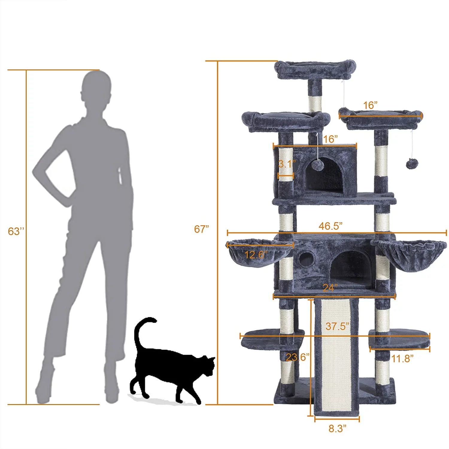 Sha Cerlin 68'' Bluish-grey Cat Tree and Tower for Large Adult Cats with Sisal Scratching Posts, Multi Level