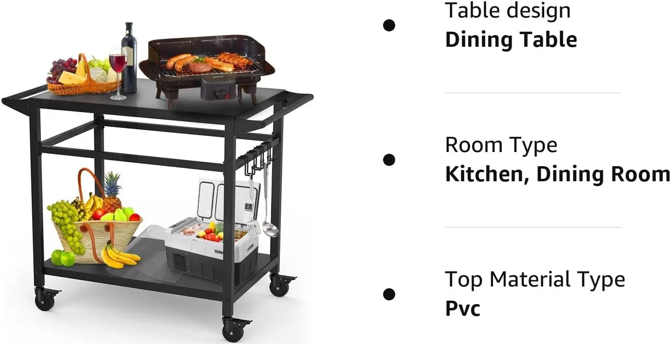 RAXSINYER Movable Grill Table, Double-Shelf Outdoor BBQ Grill Cart, Rolling Kitchen Dining Cart, Black