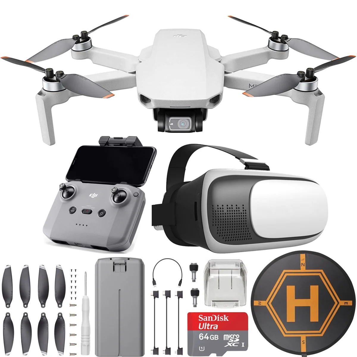 DJI CP.MA.00000312.01 Mini 2 Drone 4K Video Quadcopter (Renewed) + FPV Headset Accessories Bundle
