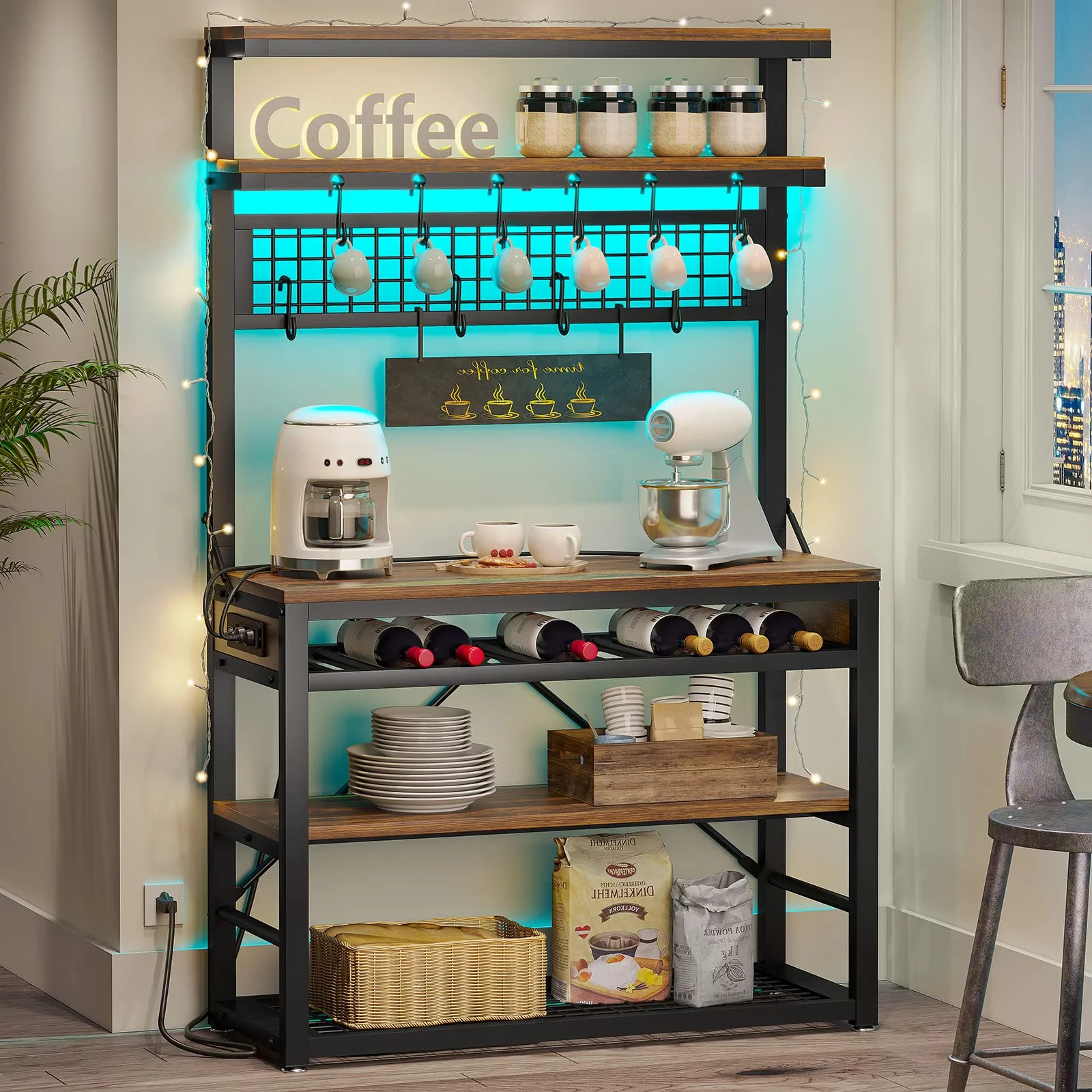 AOGLLATI Bakers Rack with USB Charging Ports, 6-Tier Coffee Bar with LED Lights & Storage, Microwave Stand with Wine Rack,Rustic Brown