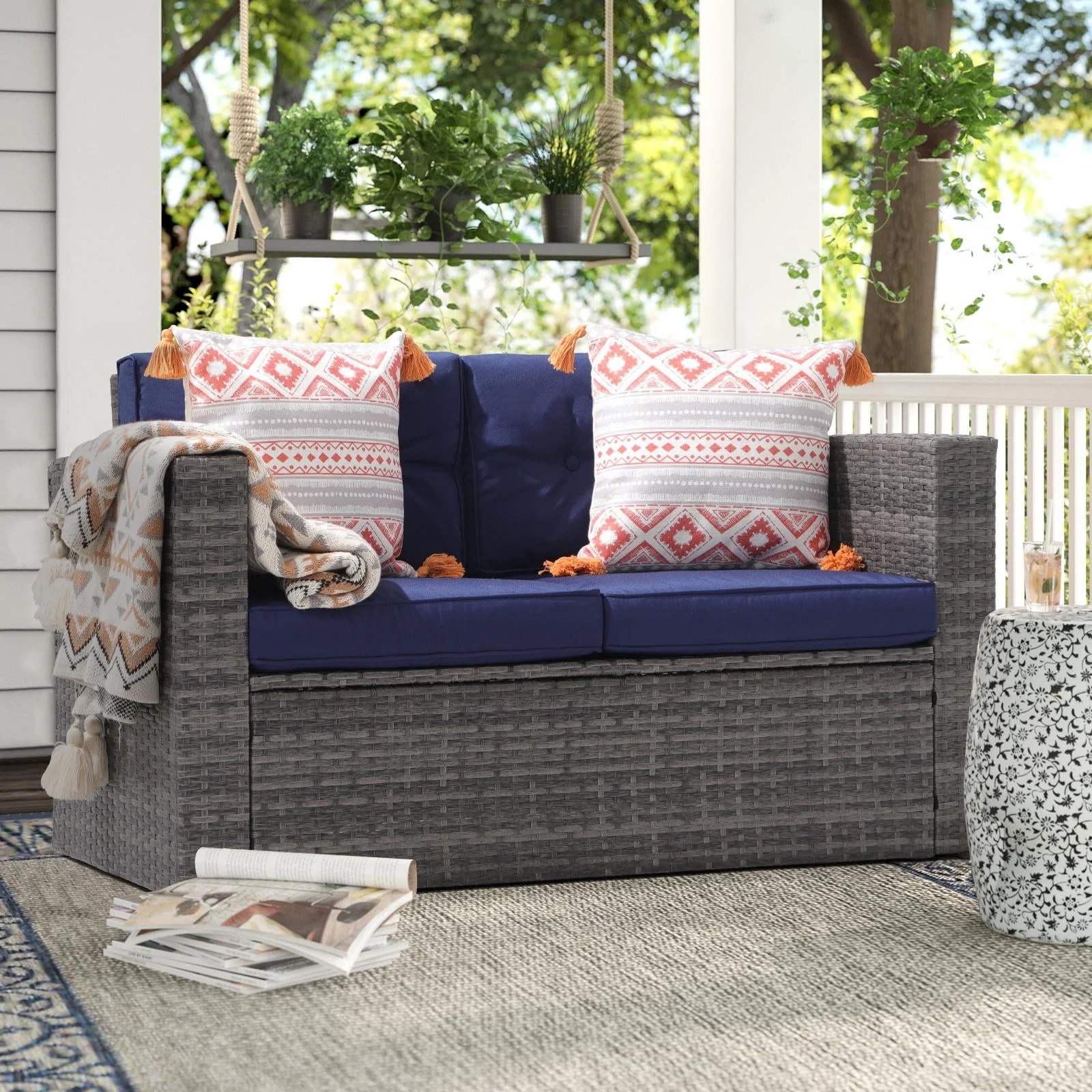 JOIVI Patio Outdoor Wicker Loveseat Sofa, Patio Furniture Rattan 2-seat Couch with Cushions for Outside Balcony, Porch, Deck, Garden, Navy Blue