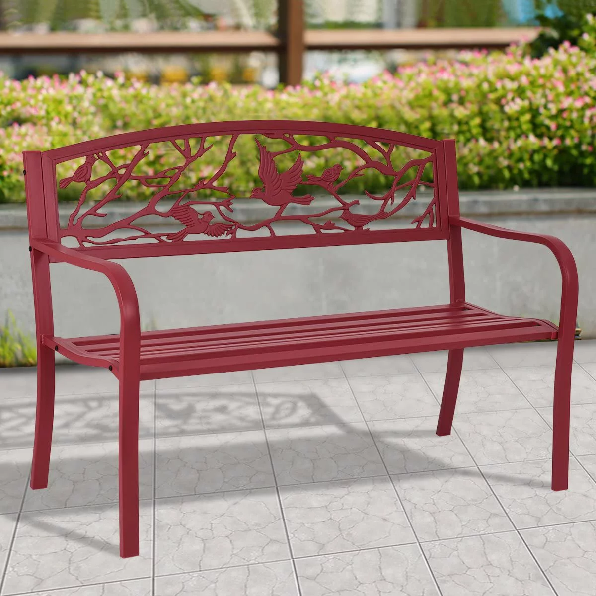 Patio Garden Bench Park Yard Outdoor Furniture Cast Iron Porch Chair (Red)