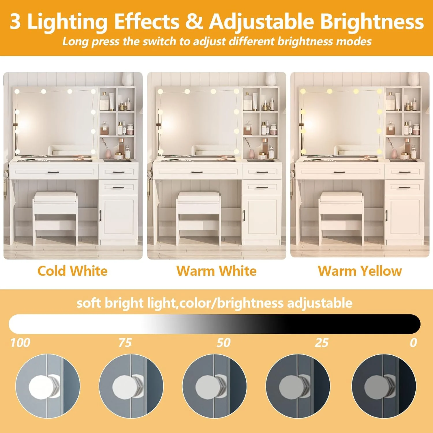 ONKER White Vanity Desk with Mirror and Lights,Glass Top Vanity Table with 3 Drawers and Cabinets,Large HD Mirror Makeup Desk,3 Lighting Modes, Brightness Adjustable,45 in(L)