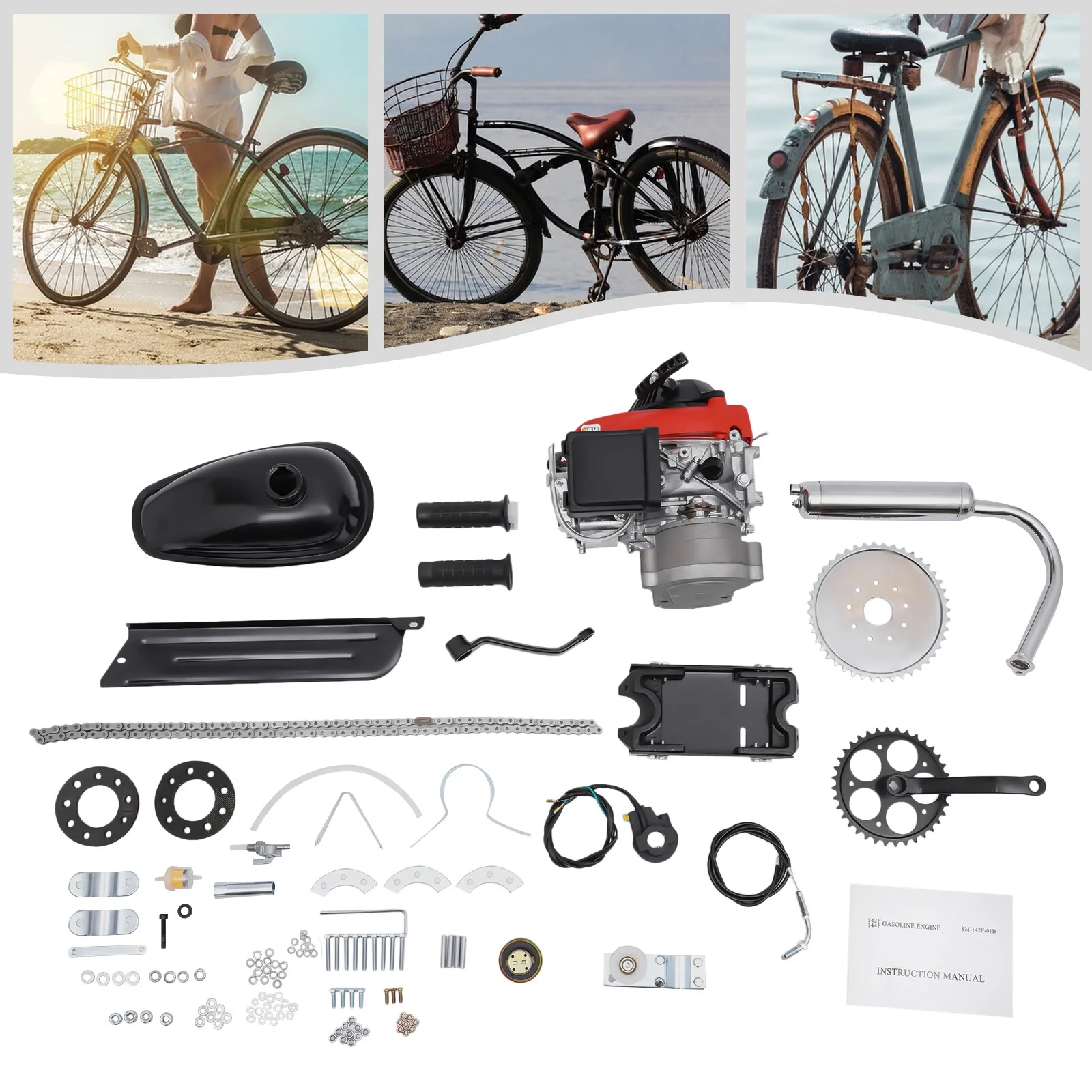 Anqidi Full Set 4-Stroke 53CC Bicycle Engine Kit Gas Motorized Bike Electric Bicycle Engine Motor Complete Kit Gasoline Powered Engine TCI Ignition 1.5KW 6800Rpm