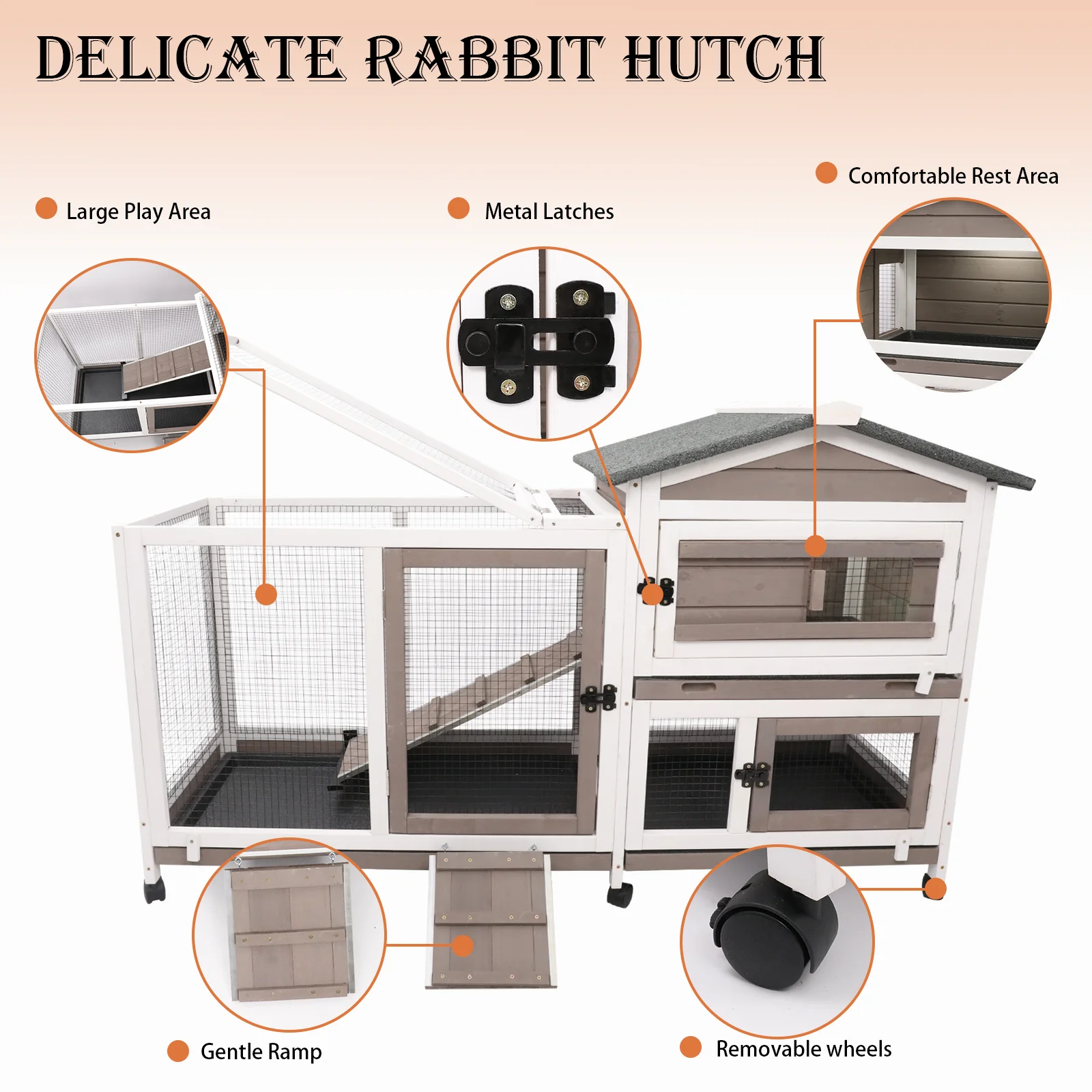Petscosset Rabbit Hutch Indoor - Bunny Hutch Indoor Upgrade Greywhite Rabbit Cage Wooden Rabbit House with Wheels, Ramp, Openable Roof for Rabbits Guinea Pig Hamster Ferret