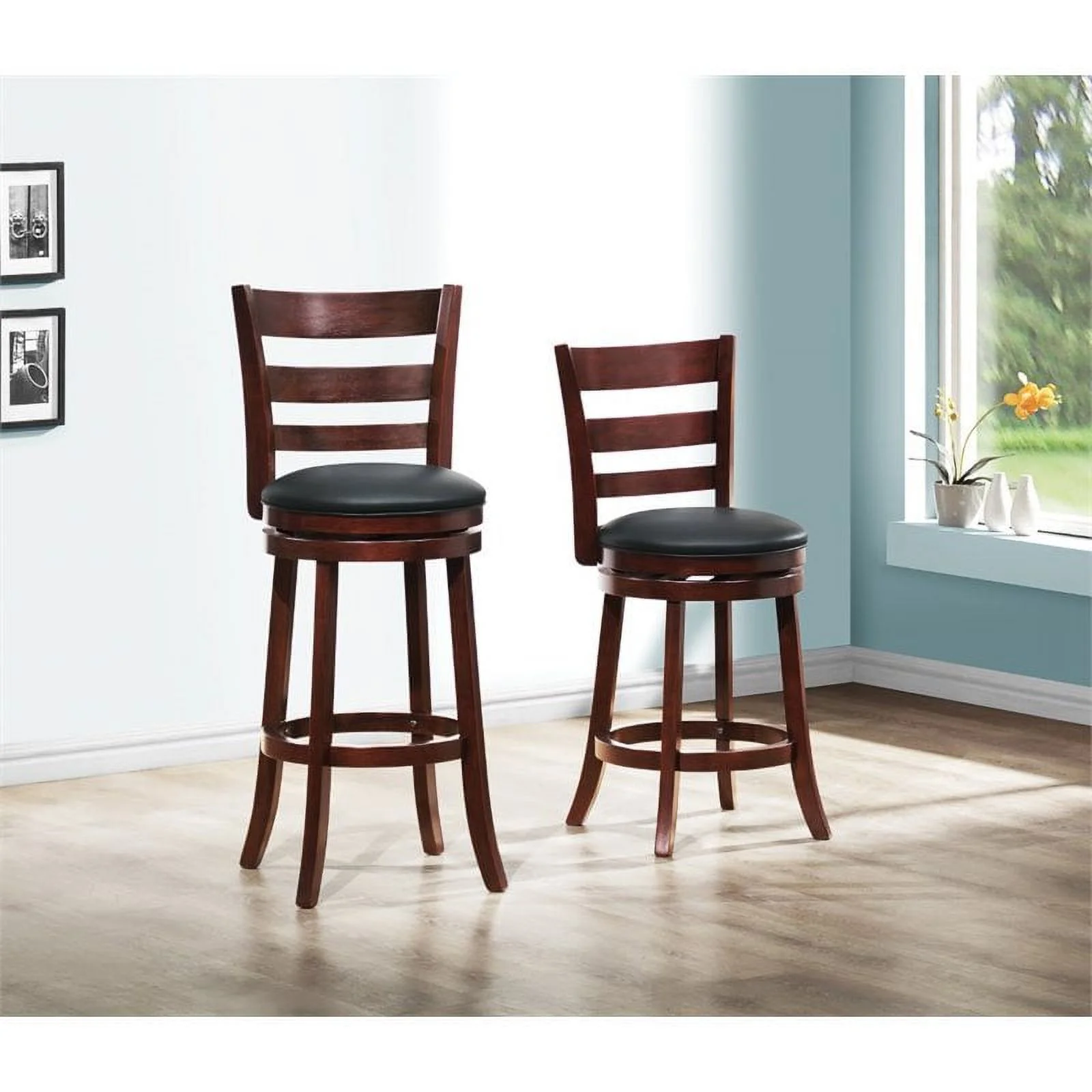 Home Square 3 Piece Ladderback Faux Leather Counter Stool Set in Dark Cherry