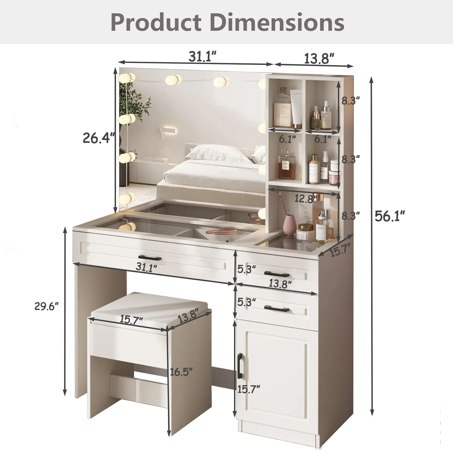 ONKER White Vanity Desk with Mirror and Lights,Glass Top Vanity Table with 3 Drawers and Cabinets,Large HD Mirror Makeup Desk,3 Lighting Modes, Brightness Adjustable,45 in(L)