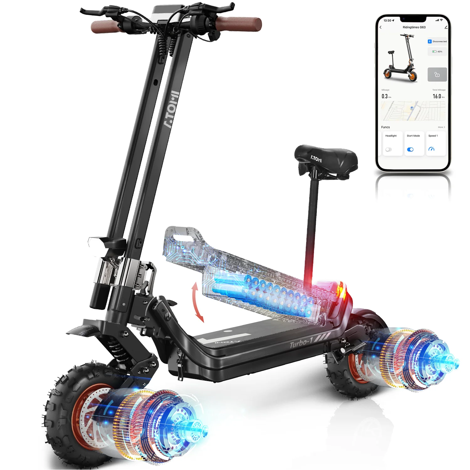 Electric Scooter Turbo-1 with Smart APP- 2400W Dual Motor Up to 31 MPH & 50km, 20AH Removable Battery, Long Range 34 Miles & 55km, 11