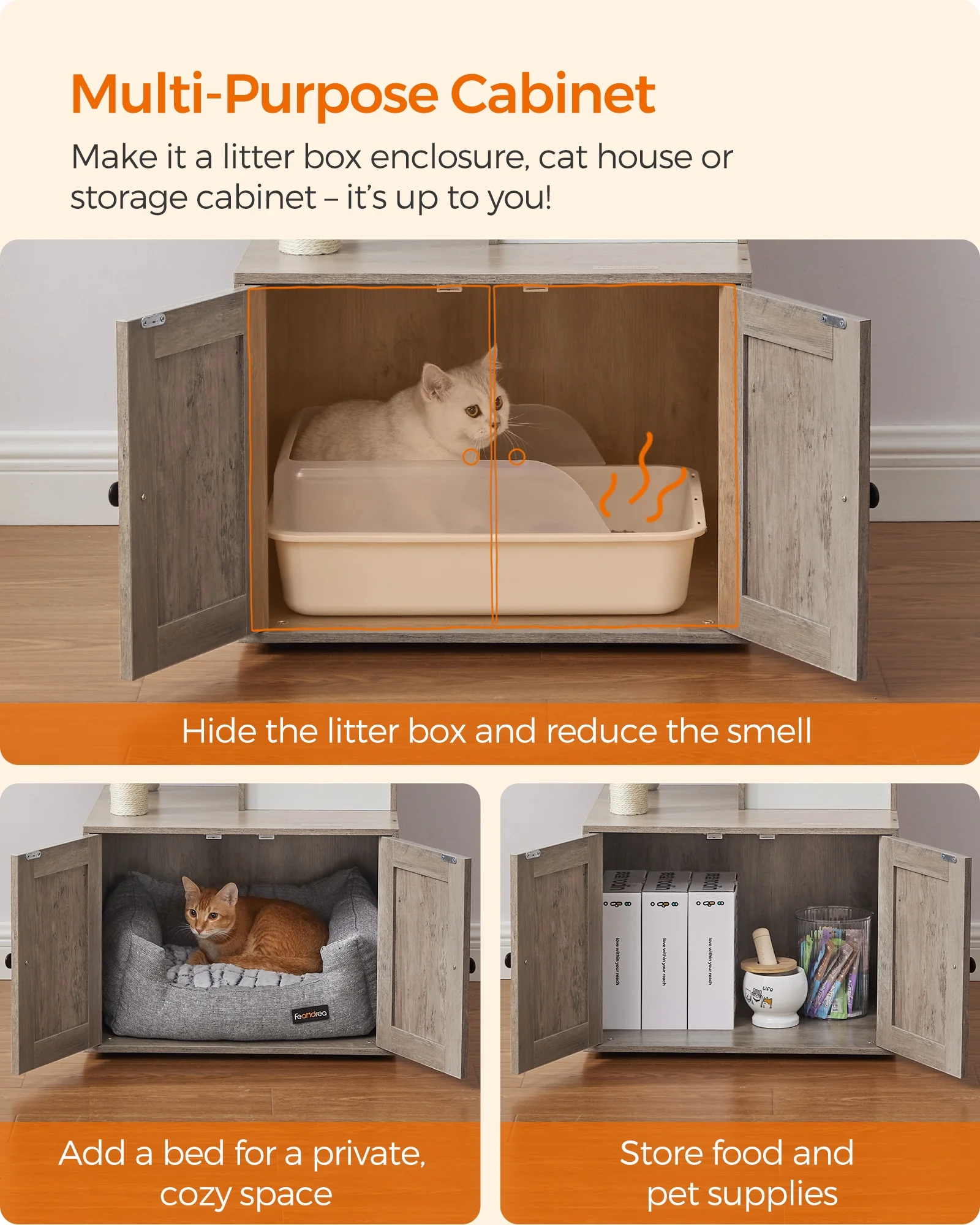 Feandrea WoodyWonders 2-in-1 Cat Tree with Litter Box Enclosure - Modern Cat Condo with Scratching Posts, Greige