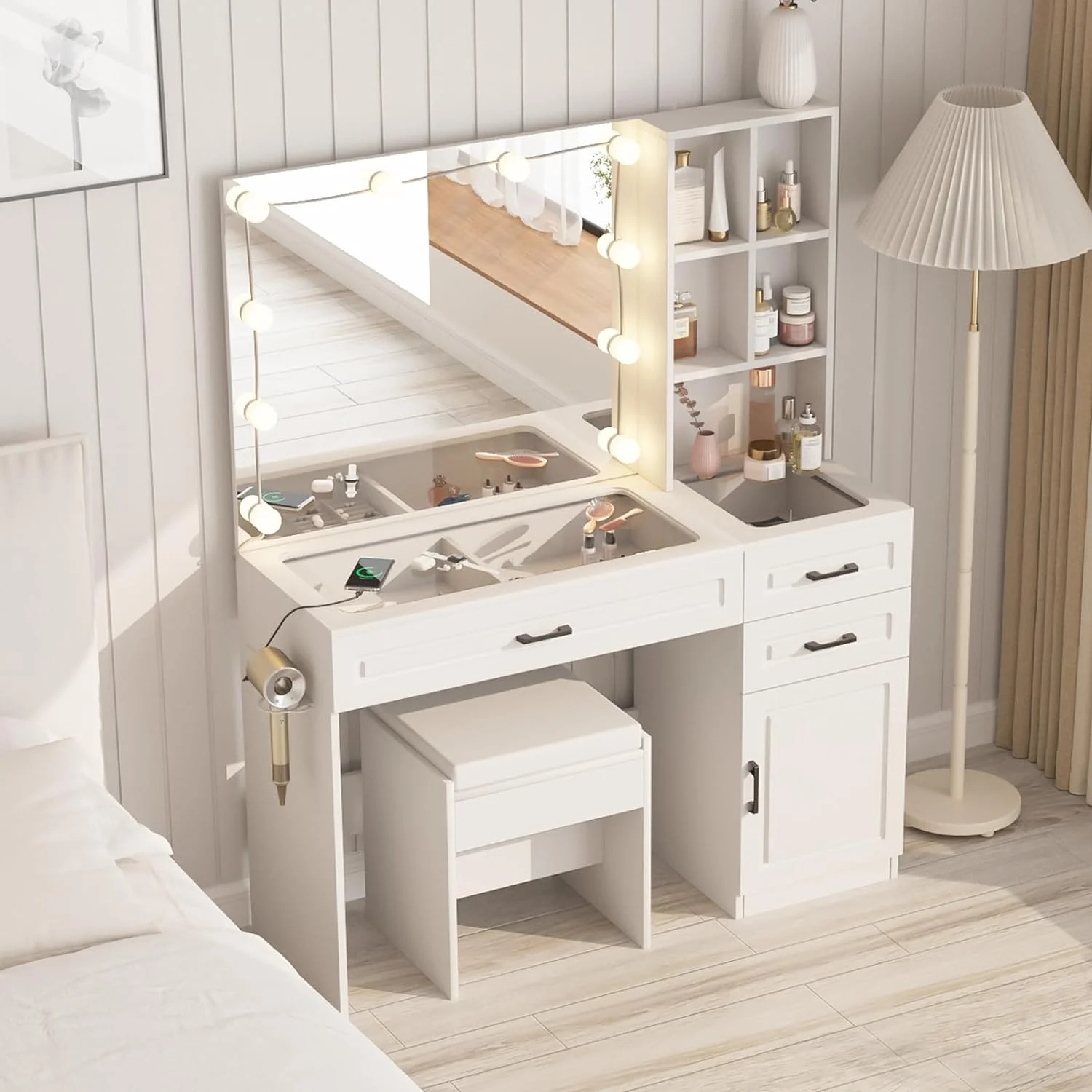 ONKER White Vanity Desk with Mirror and Lights,Glass Top Vanity Table with 3 Drawers and Cabinets,Large HD Mirror Makeup Desk,3 Lighting Modes, Brightness Adjustable,45 in(L)