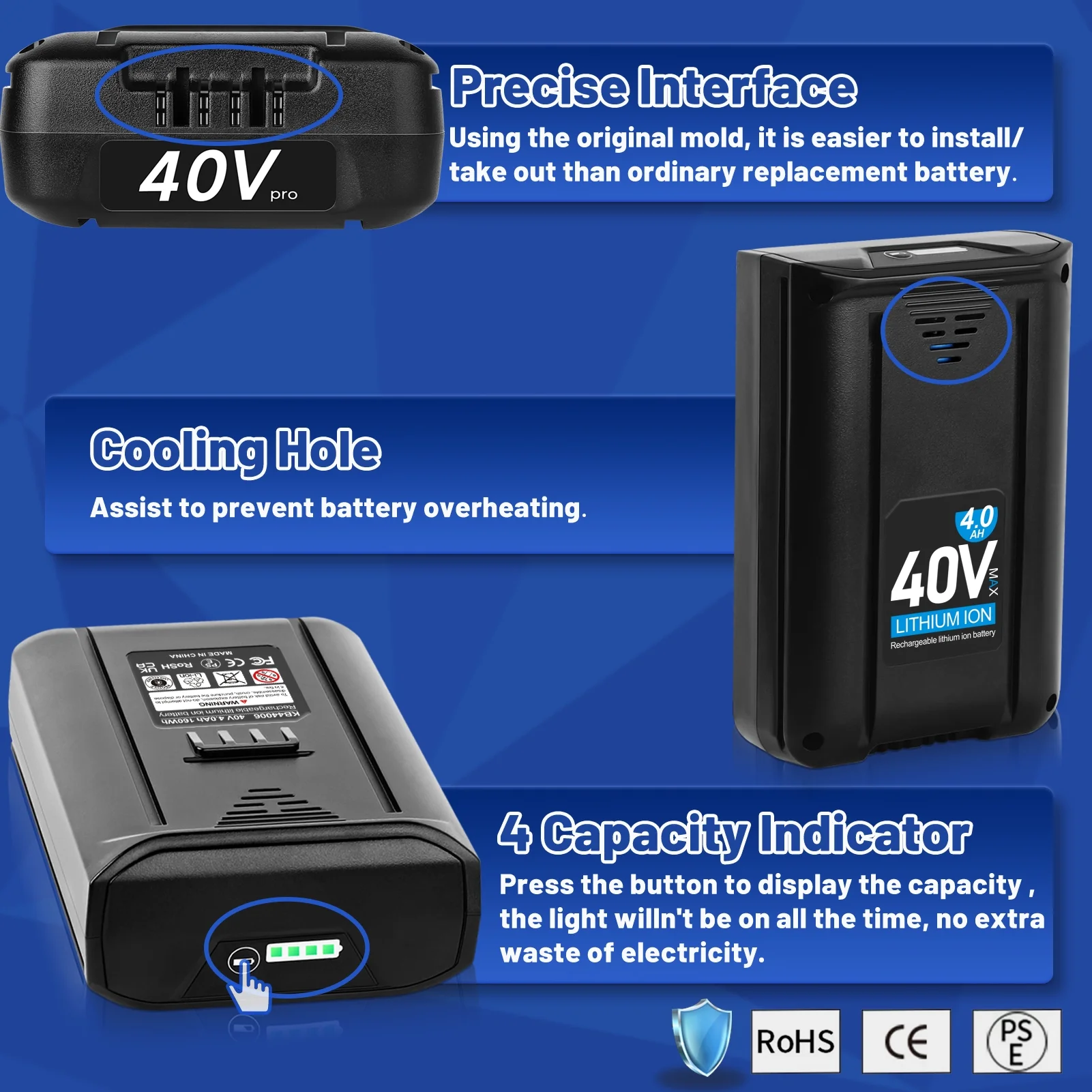 TenHutt 40V 4.0Ah Replacement for Kobalt 40V Battery Rechargeable Lithium Ion Cordless Power Tool Battery KB540C-06 KB245-06 KB240-06 Kb540-06