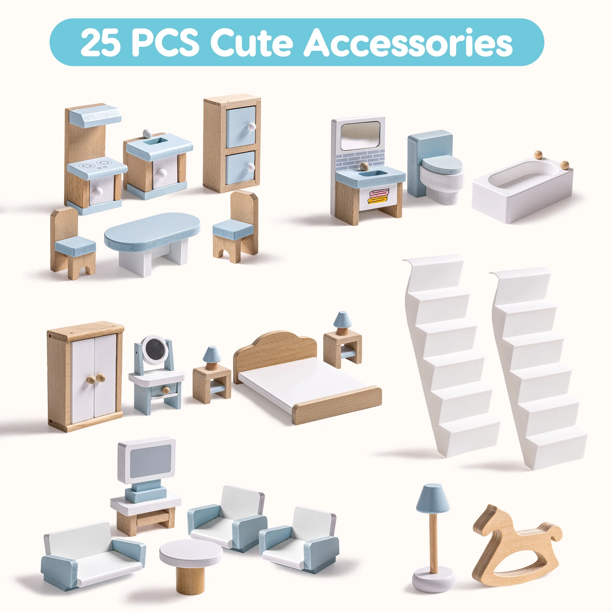 Robud Wooden Dollhouse Set with 25pcs Furniture,6-Room Doll Playhouse,Preschool Toy for Toddlers Kids Age 3+,Gray