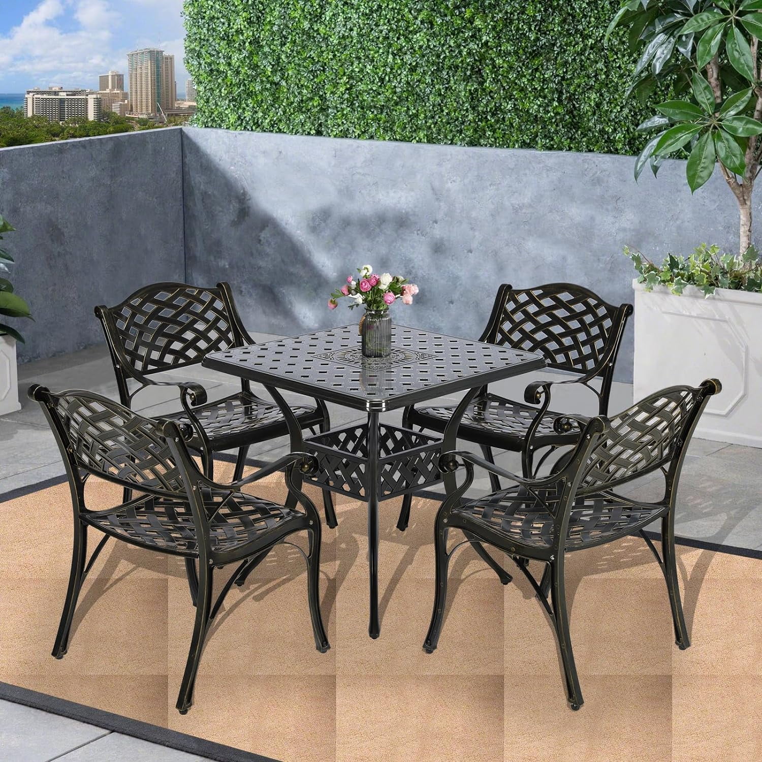 SOCIALCOMFY 5-Piece Outdoor Patio Dining Set, All-Weather Cast Aluminum Furniture Conversation Set, Include 4 Chairs and a 30.3 inch Square Table with Umbrella Hole for Balcony Lawn Garden Backyard