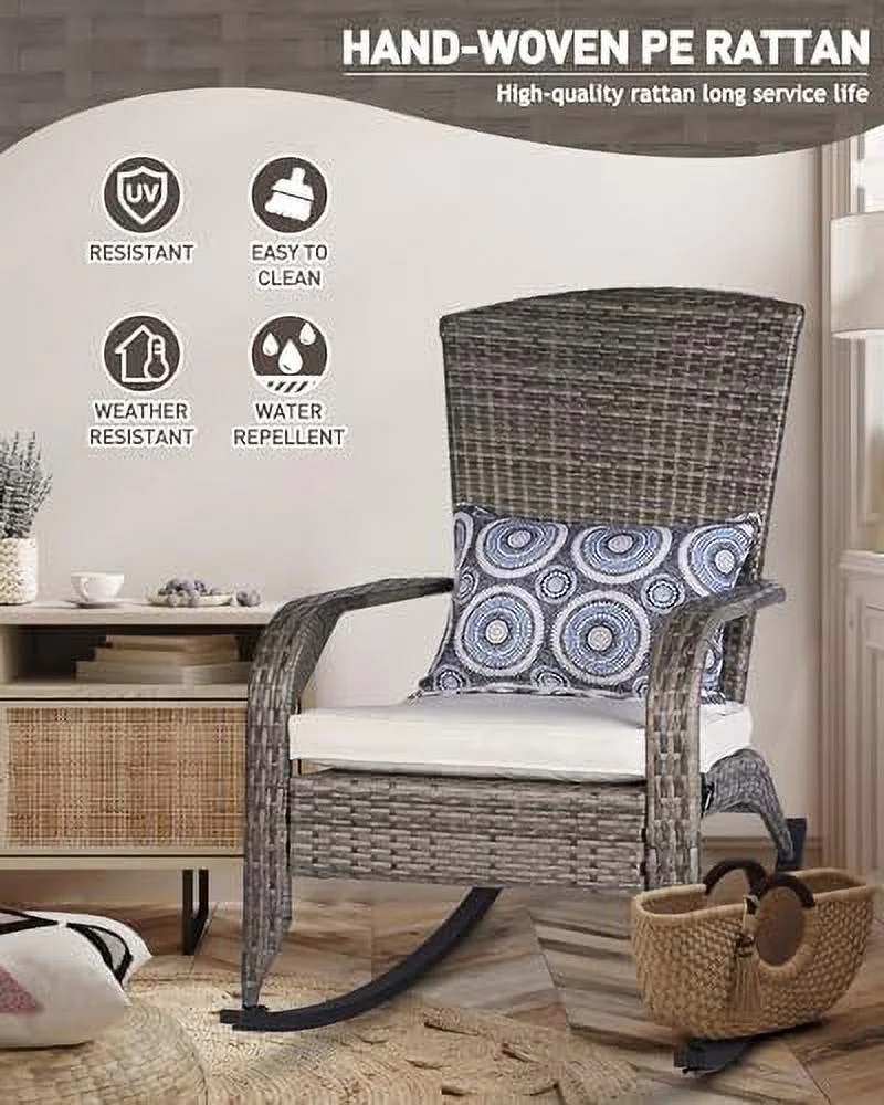 CHIOPKM Patio Rocking Chair- Wicker Rocking Chairs Outdoor with Cushions and Pillow  All-Weather Outdoor Rocker Chair with 2 Replaceable Cushion Covers (White & Blue) 350lbs