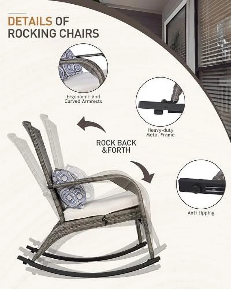 CHIOPKM Patio Rocking Chair- Wicker Rocking Chairs Outdoor with Cushions and Pillow  All-Weather Outdoor Rocker Chair with 2 Replaceable Cushion Covers (White & Blue) 350lbs