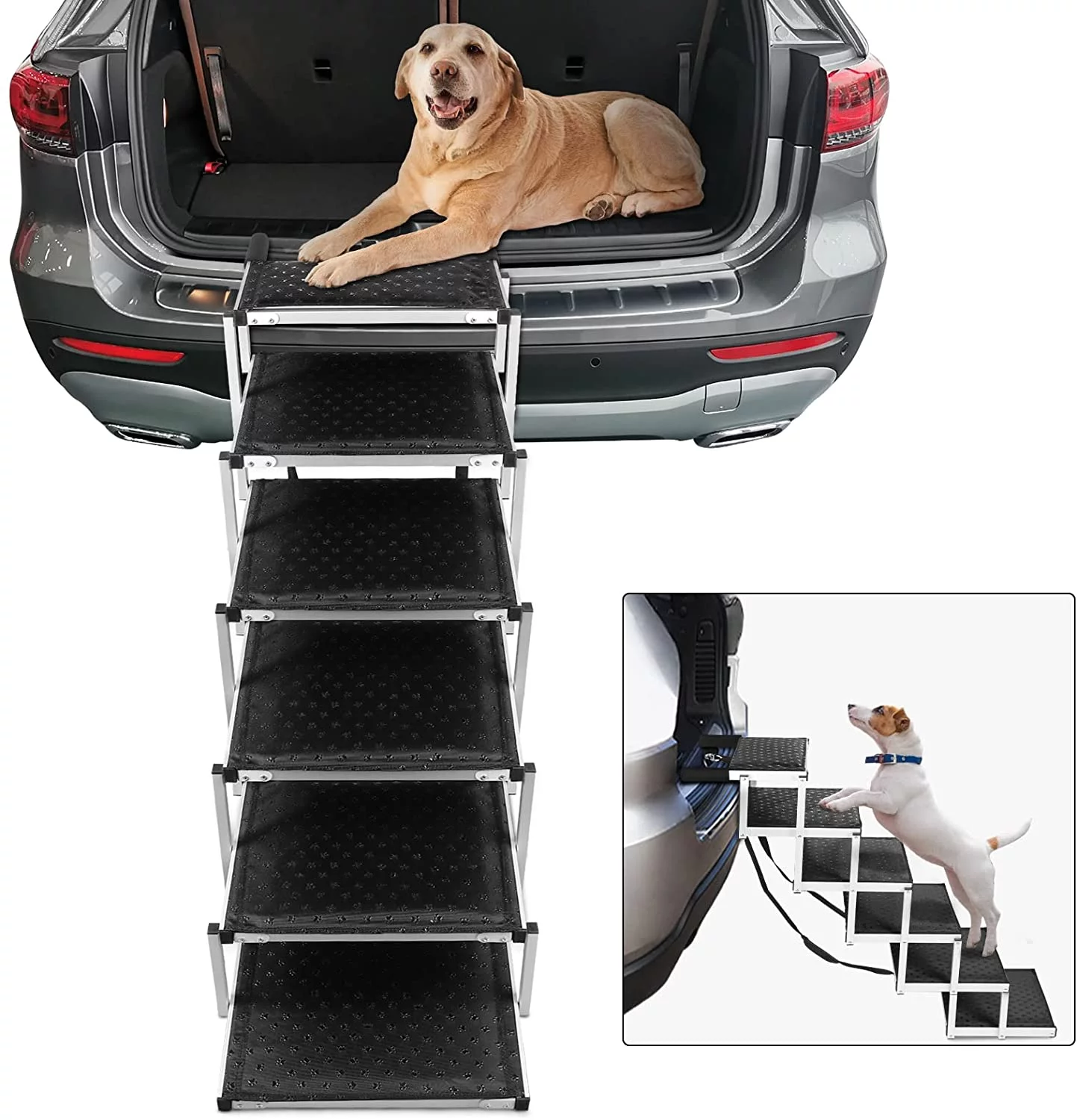 SMONTER Portable Dog Stairs for Large Dogs, Lightweight Aluminum Pet Ladder Ramp, Widen 6 Steps Dog Steps with Non-Slip Surface for High Beds, Trucks, Car and SUV, Support 180 LBS