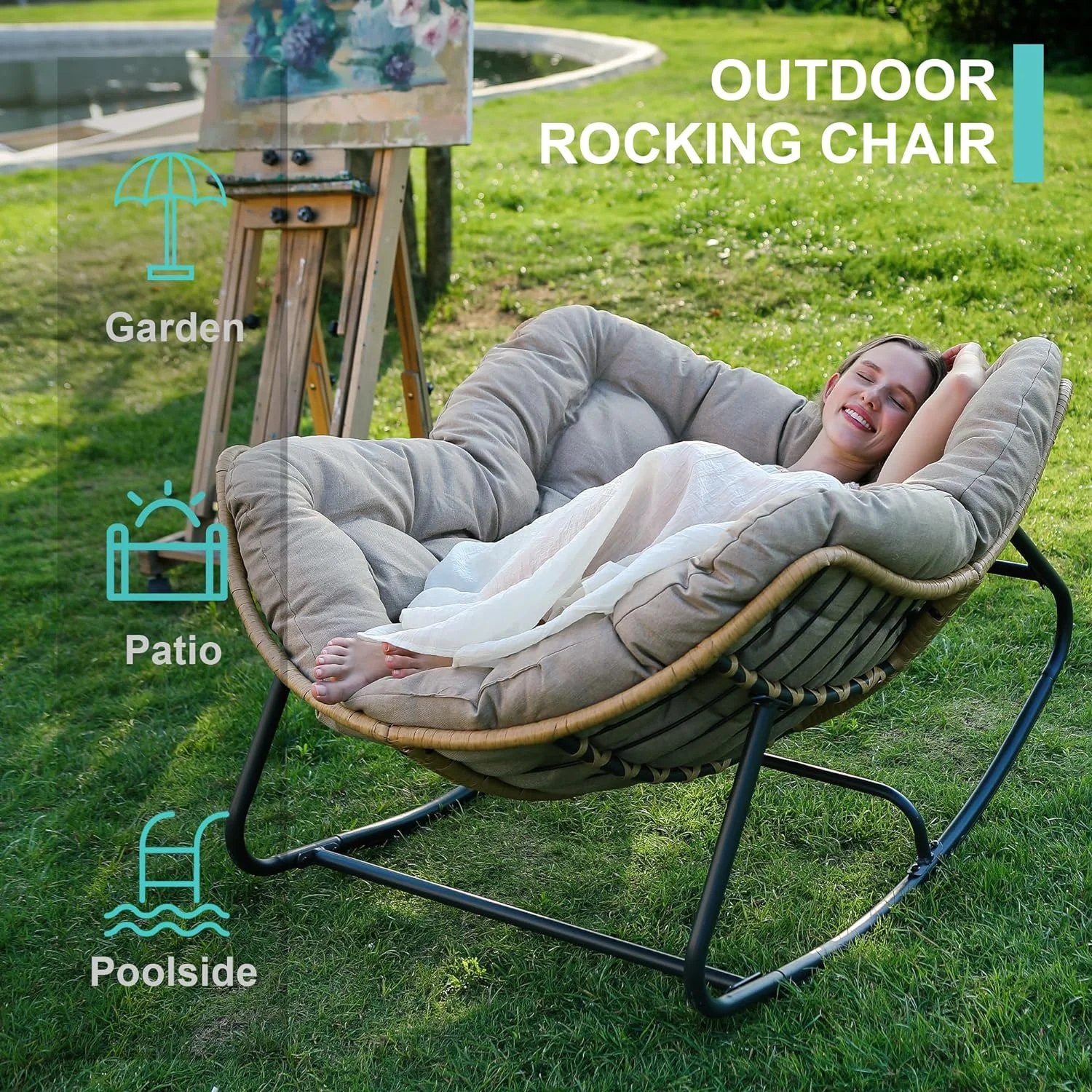 SWITTE Outdoor Rocking Chair, Patio Egg Rocking Chair, Indoor Papasan Chair, Rattan Wicker Lounge Chair, Modern Royal Chair for Bedroom, Living Room, Porch, Garden, Lawn-Blue