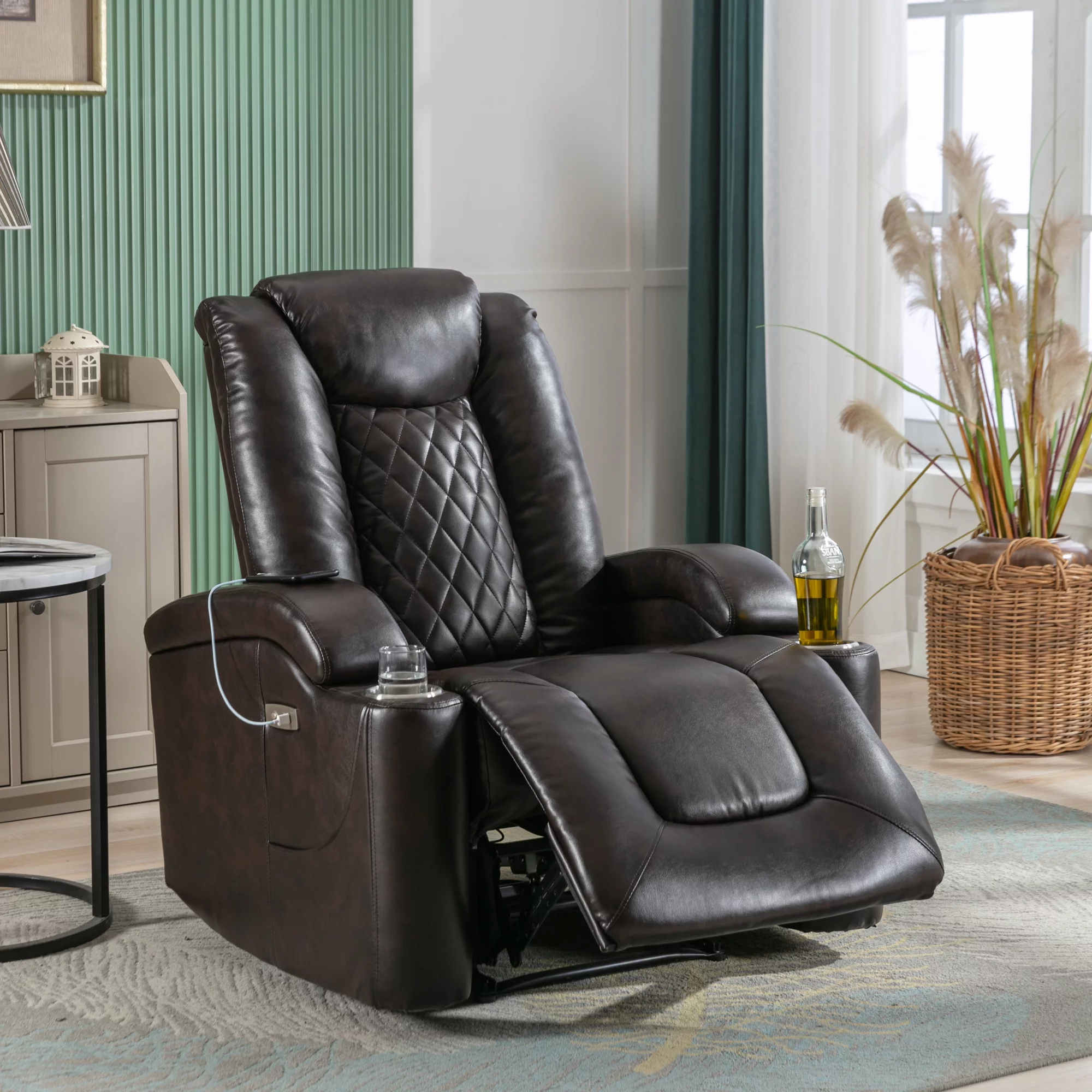 Power Motion Recliner with USB Charge Port and Cup Holder -PU Lounge chair for Living Room,Brown(Old Sku:PP194010DAA)