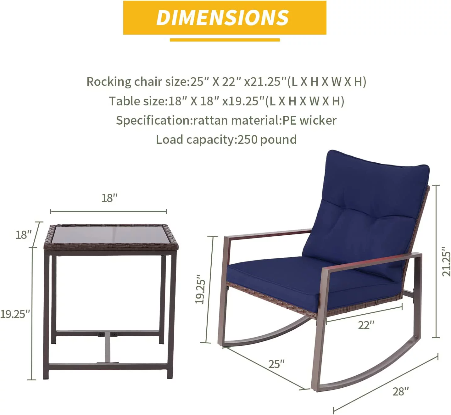 3 Piece Outdoor Rocking Bistro Set Brown Wicker  Porch Chairs Conversation Sets with Glass Coffee Table  Dark Grey