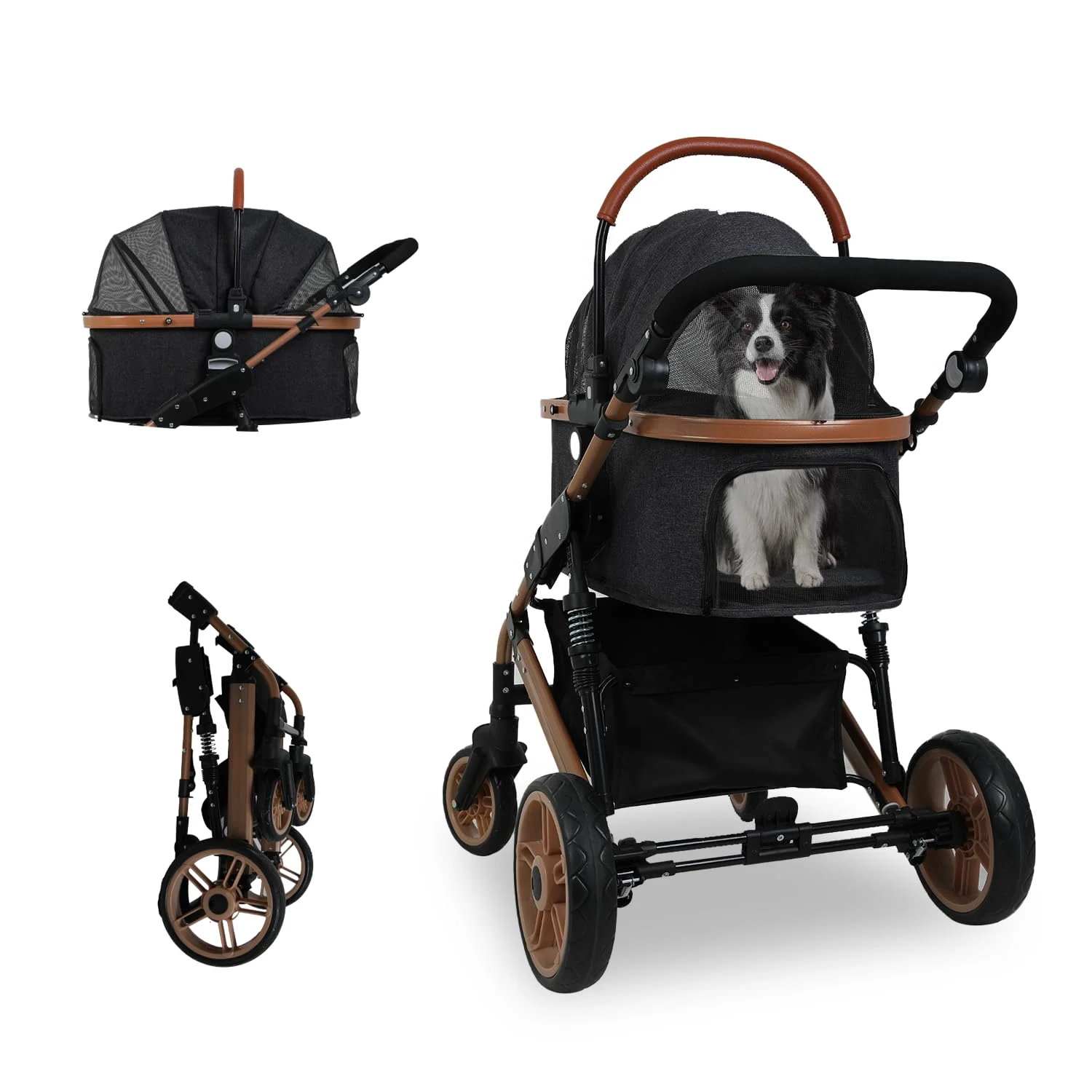Dkelincs 4 Wheels Dog Stroller folding Premium 3-in-1 Multifunction Pet Stroller with Detachable Carrier, Black