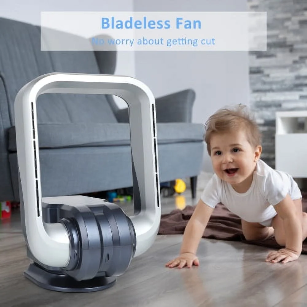 InfiniPower Wall Mounted Fan Bladeless with Remote Controller, 2-in-1 No Leaf Heater & Fan Combo with Rotatable Head, 9-Hour Timing, 3 Gear Normal & Heating Airflow Adjustable, Grey, 15.7