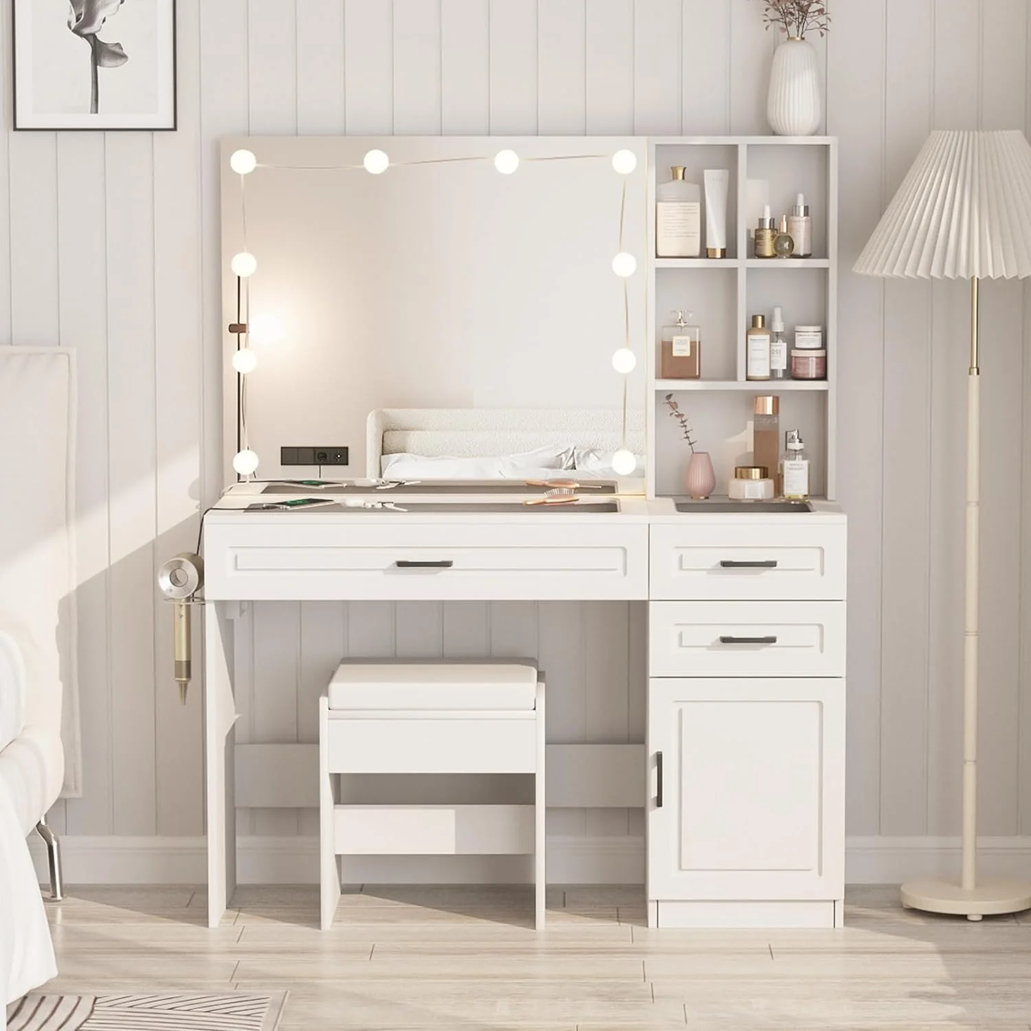 ONKER White Vanity Desk with Mirror and Lights,Glass Top Vanity Table with 3 Drawers and Cabinets,Large HD Mirror Makeup Desk,3 Lighting Modes, Brightness Adjustable,45 in(L)