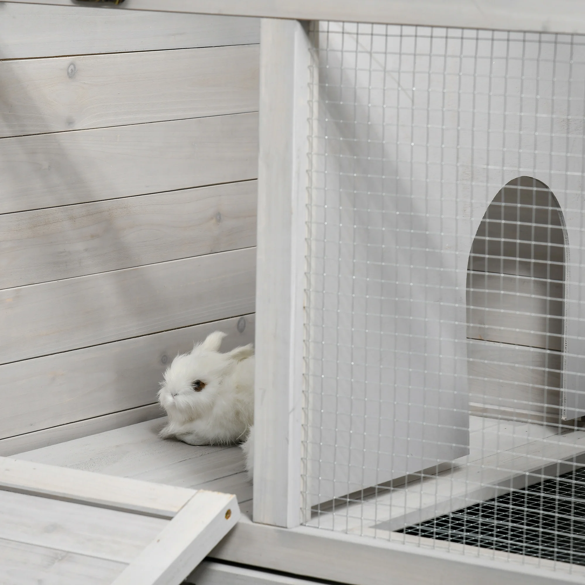 PawHut Wooden Rabbit Hutch with Wheels, Dividers for Indoor Use, Gray