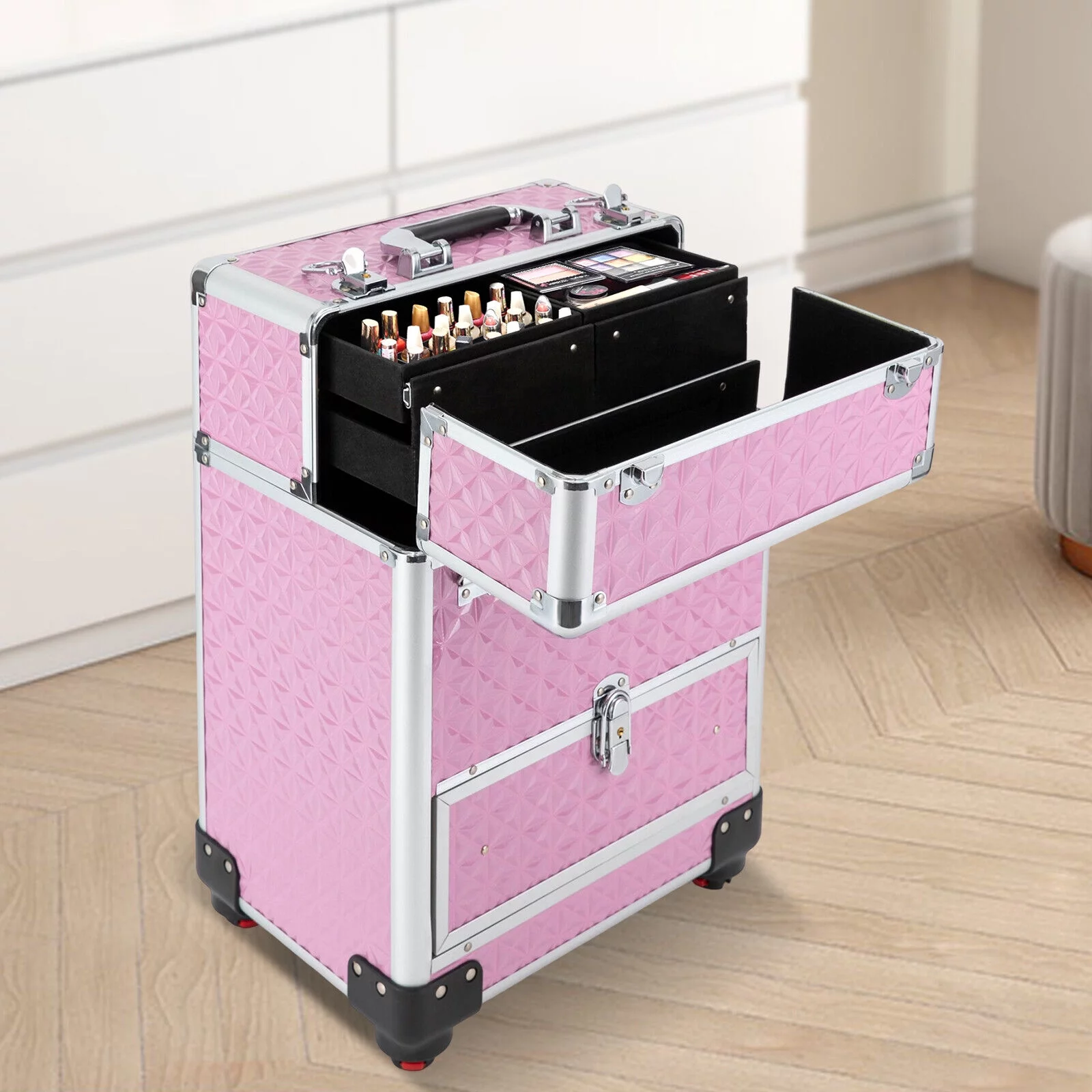 Miumaeov Professional Rolling Makeup Train Case Cosmetic Trolley with 4 Wheels Nail Polish Storage Organizer (Pink)
