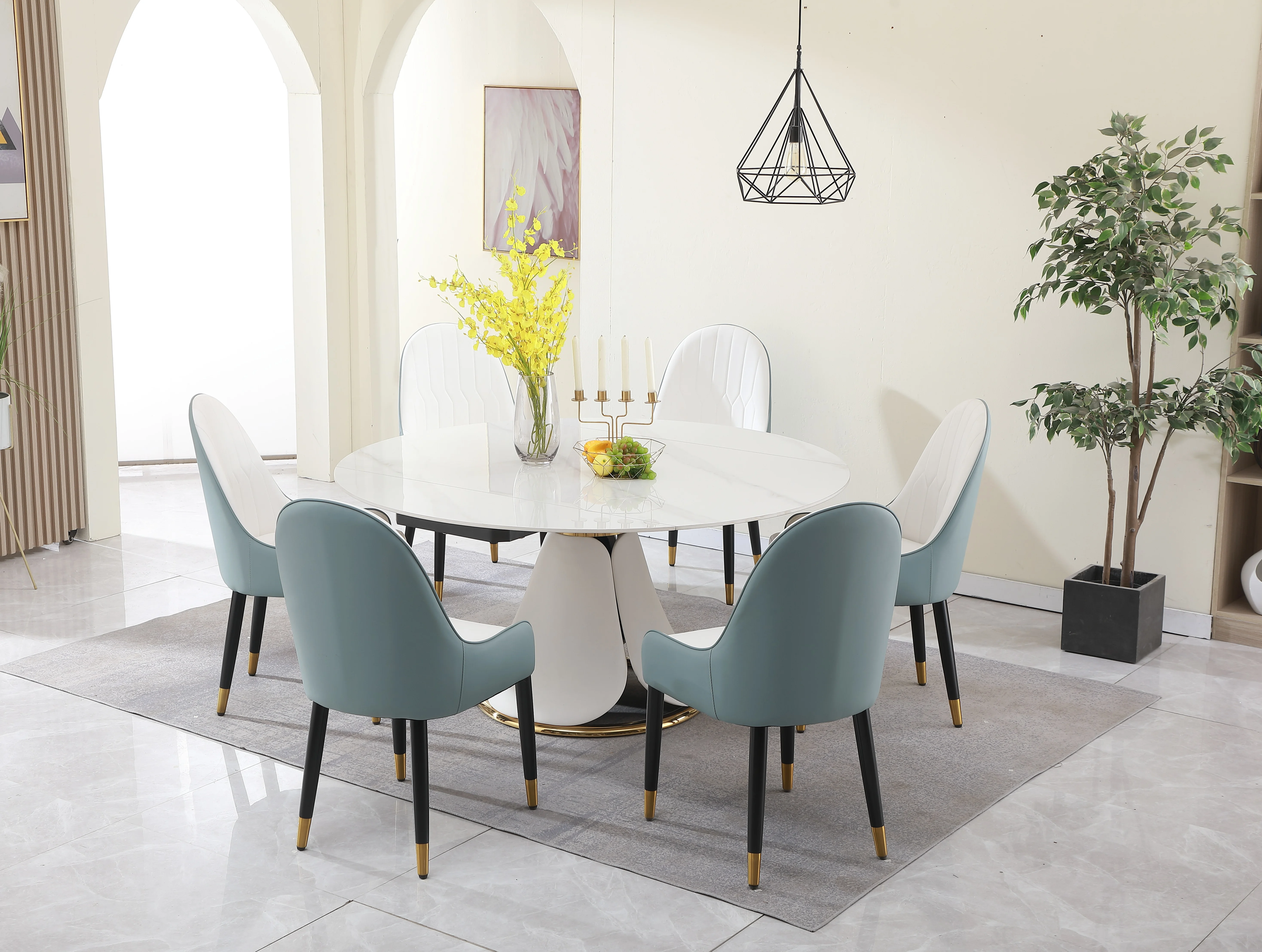 Montary Fashion Modern Sintered Stone Dining Table with Simple and Multi-Functional Retractable Dining Table with 6 PU Leather Chairs