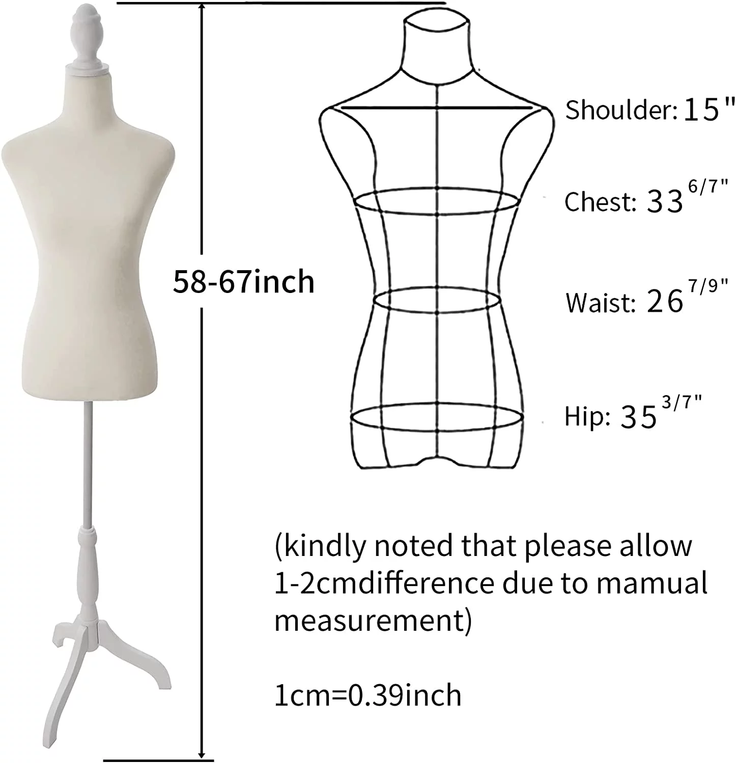 YumHome Female Mannequin Torso Dress Form Adjustable Tripod Stand Base Style (Beige)