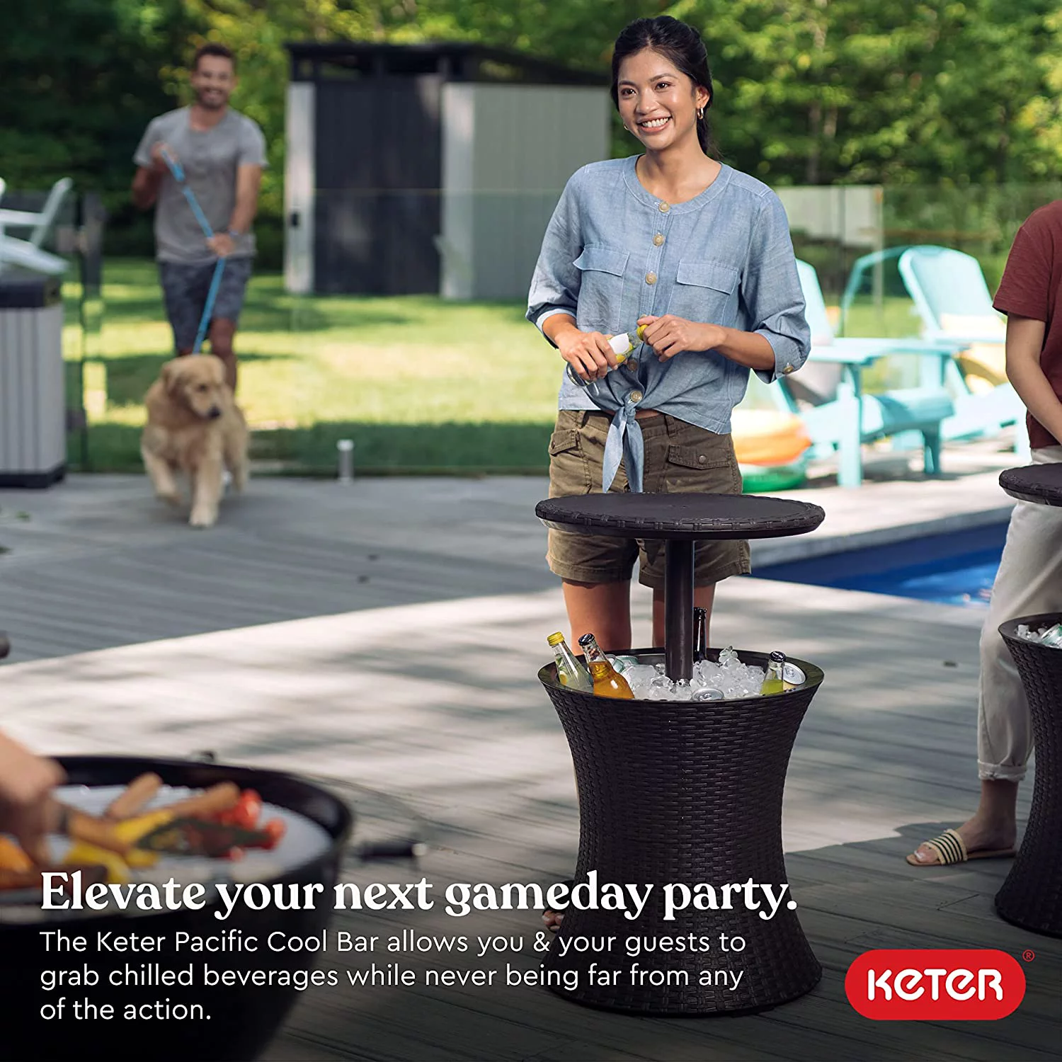 Keter Pacific Cool Bar Outdoor Patio Furniture and Hot Tub Side Table with 7.5 Gallon Beer and Wine Cooler  Espresso Brown