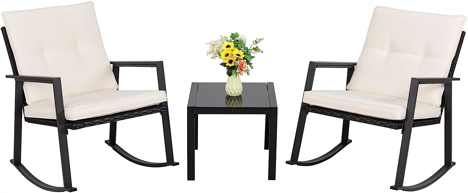 Shintenchi 3 Pieces Rocking Bistro Set Wicker Patio Outdoor Furniture, 2 Rattan Porch Chairs Conversation Sets with Glass Coffee Table (Beige)