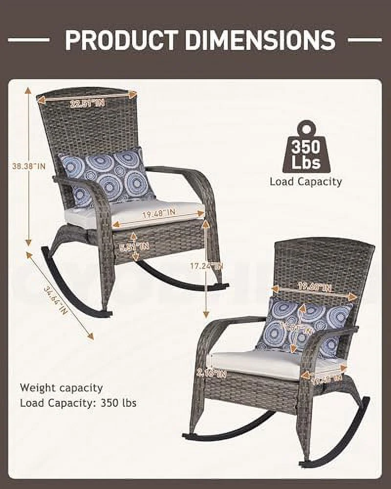 CHIOPKM Patio Rocking Chair- Wicker Rocking Chairs Outdoor with Cushions and Pillow  All-Weather Outdoor Rocker Chair with 2 Replaceable Cushion Covers (White & Blue) 350lbs