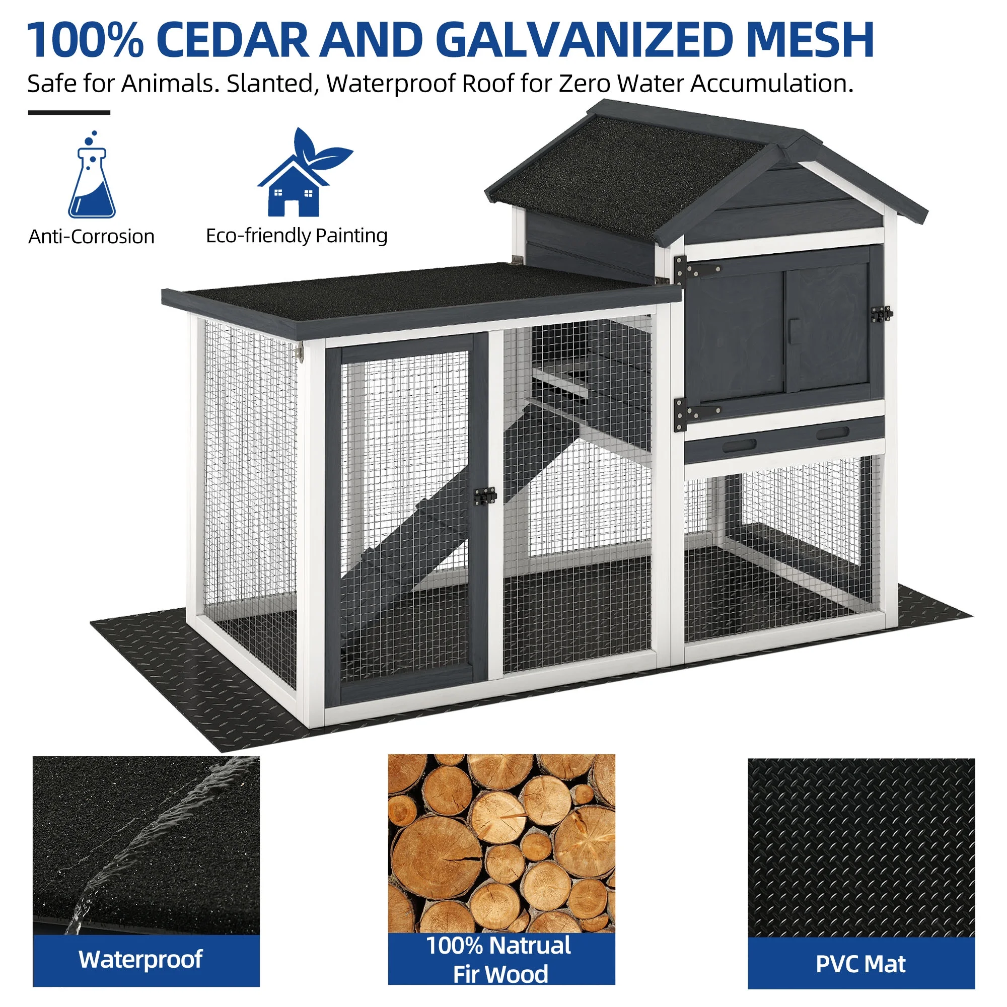 Dextrus Wooden Rabbit Hutch Bunny Cage Guinea Pig House with Waterproof Roof, PVC Mat, Pull-Out Tray - Black