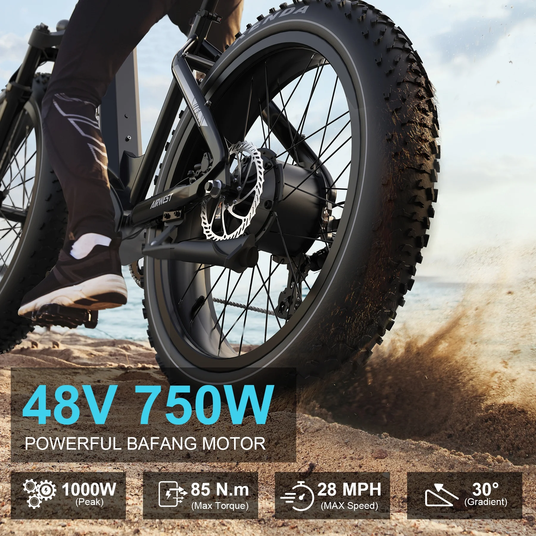 AIRWEST Electric Bike, Peak 1000W BAFANG Motor 28MPH Ebikes for Adult, 26