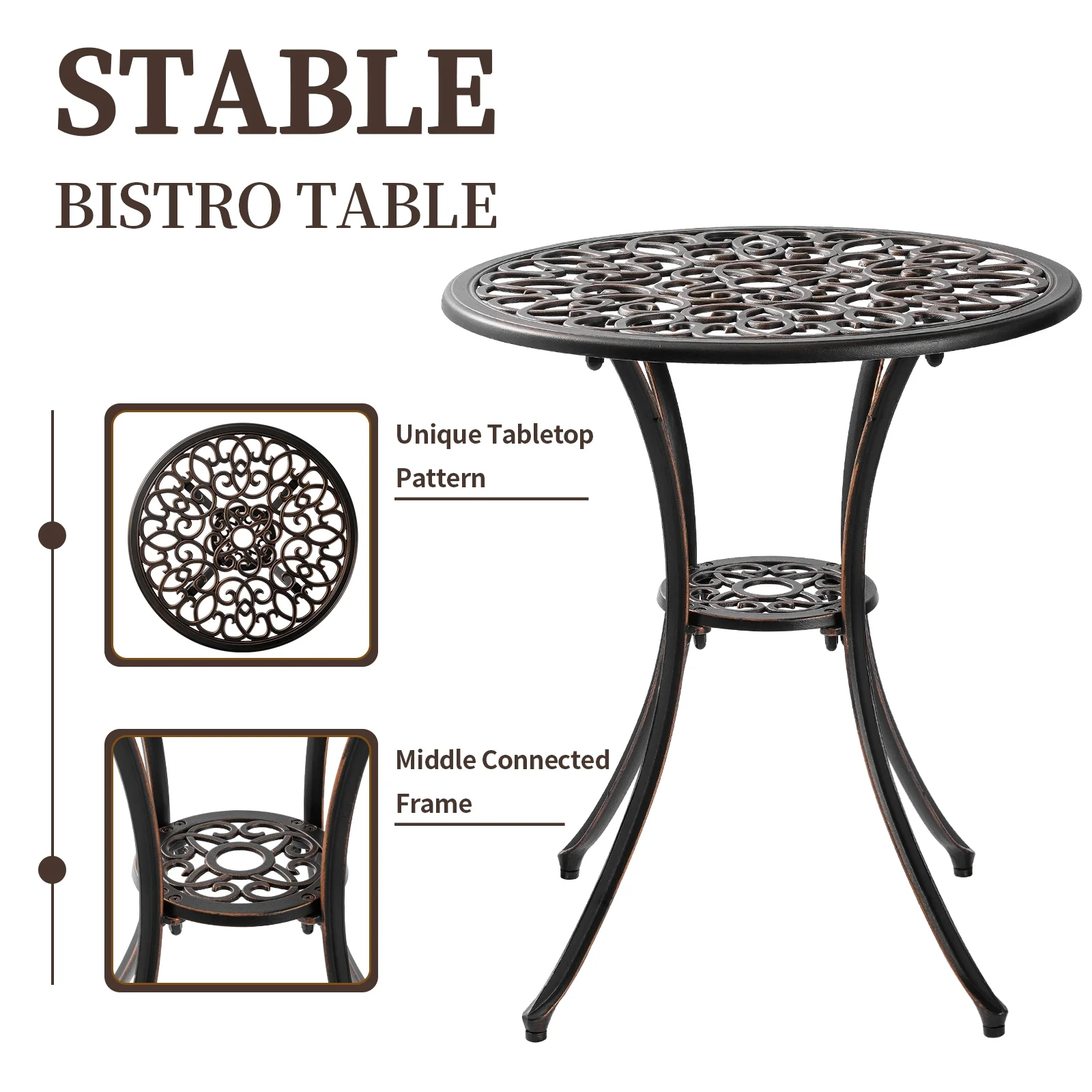 PATIO-IN 3 Piece Outdoor Bistro Set Cast Aluminum Patio Table and Chairs Set of 2 with Umbrella Hole,Metal Patio Furniture Set for Garden,Bronze