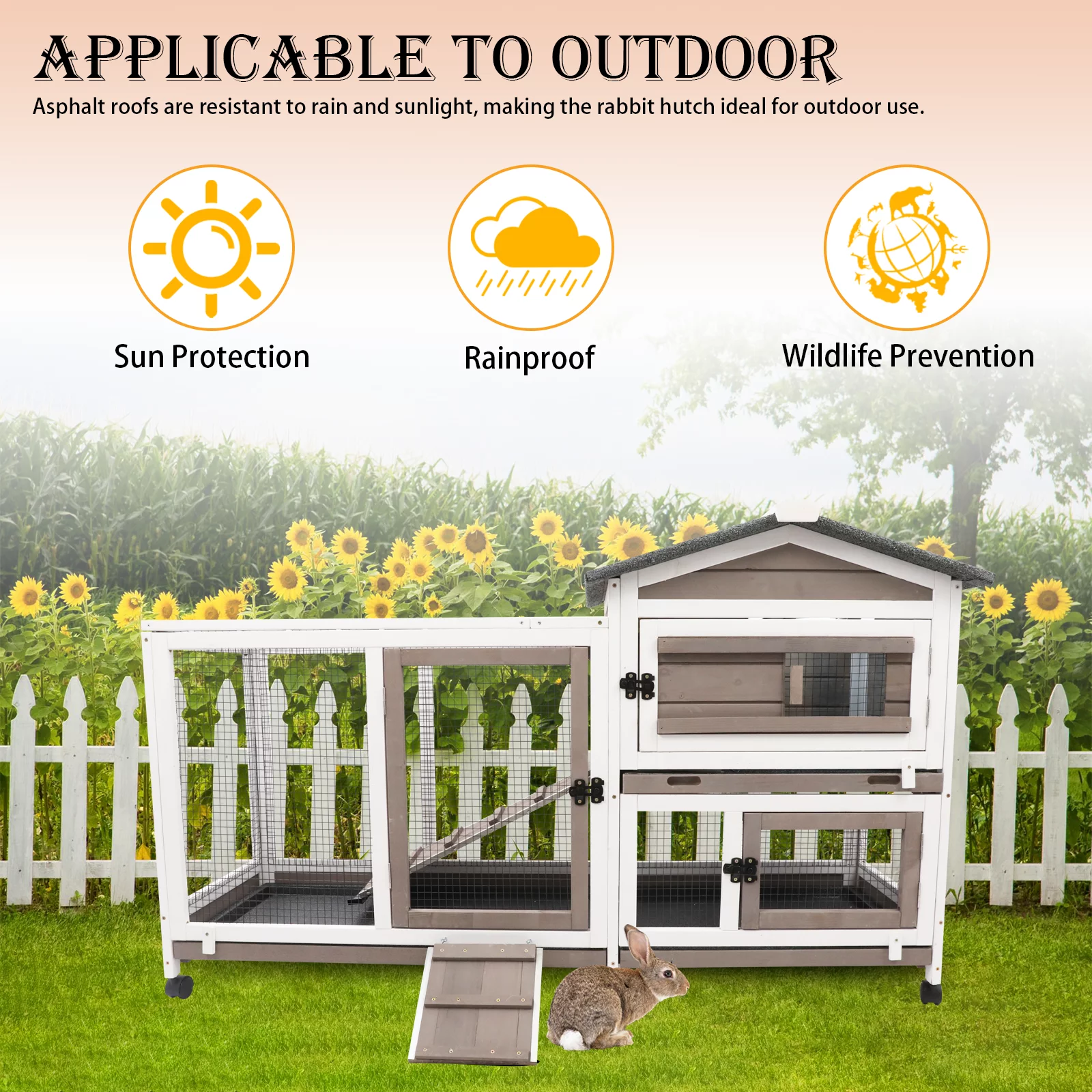 Petscosset Rabbit Hutch Indoor - Bunny Hutch Indoor Upgrade Greywhite Rabbit Cage Wooden Rabbit House with Wheels, Ramp, Openable Roof for Rabbits Guinea Pig Hamster Ferret