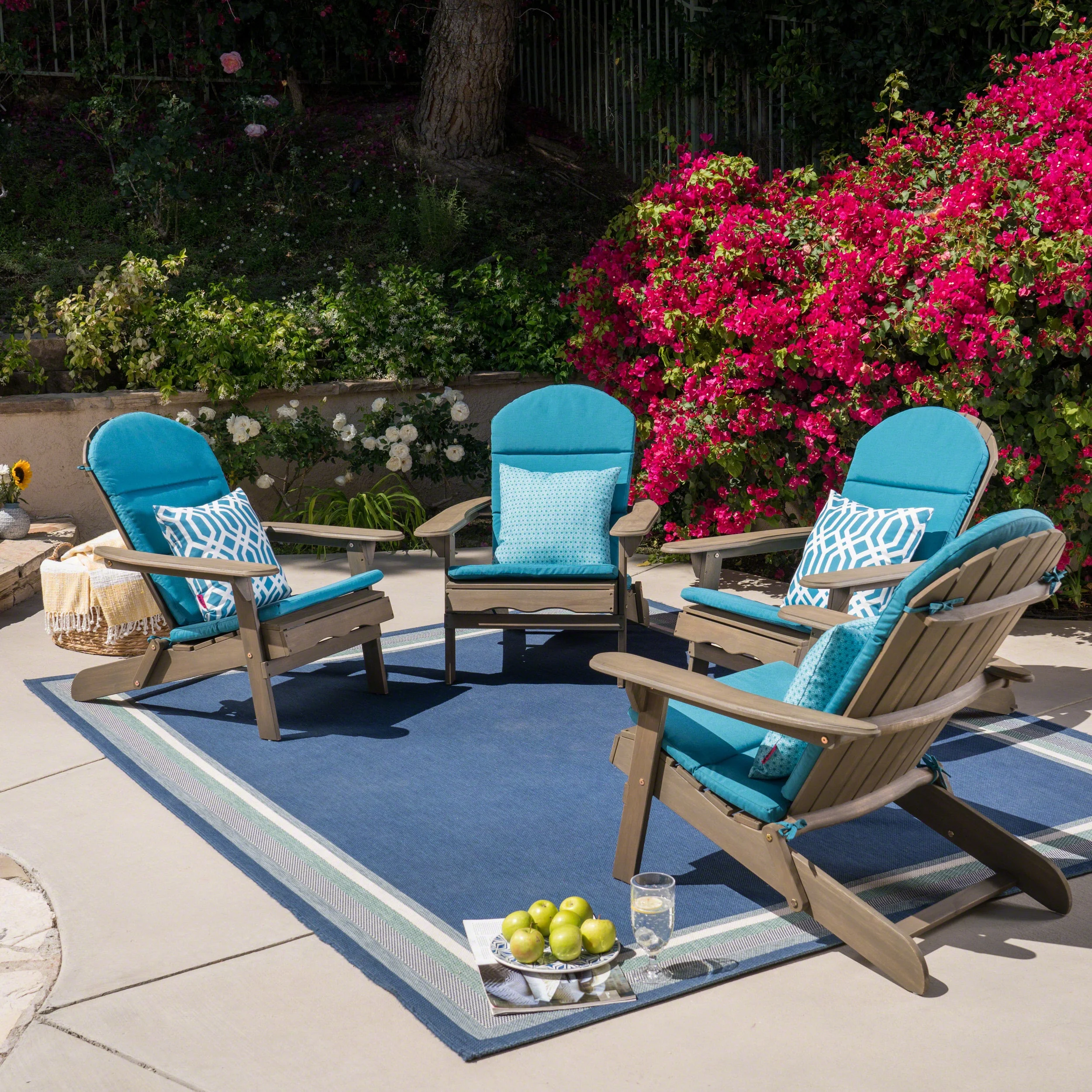 GDF Studio Cartagena Outdoor Acacia Wood Folding Adirondack Chairs with Cushions, Set of 4, Gray and Dark Teal