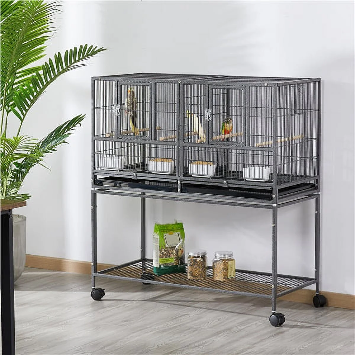 Alden Design Rolling Metal Divided Breeder Cage Stackable Wide bird cage with stand for Small Birds Lovebirds Finch Canaries Parakeets Cockatiels Budgies,Black