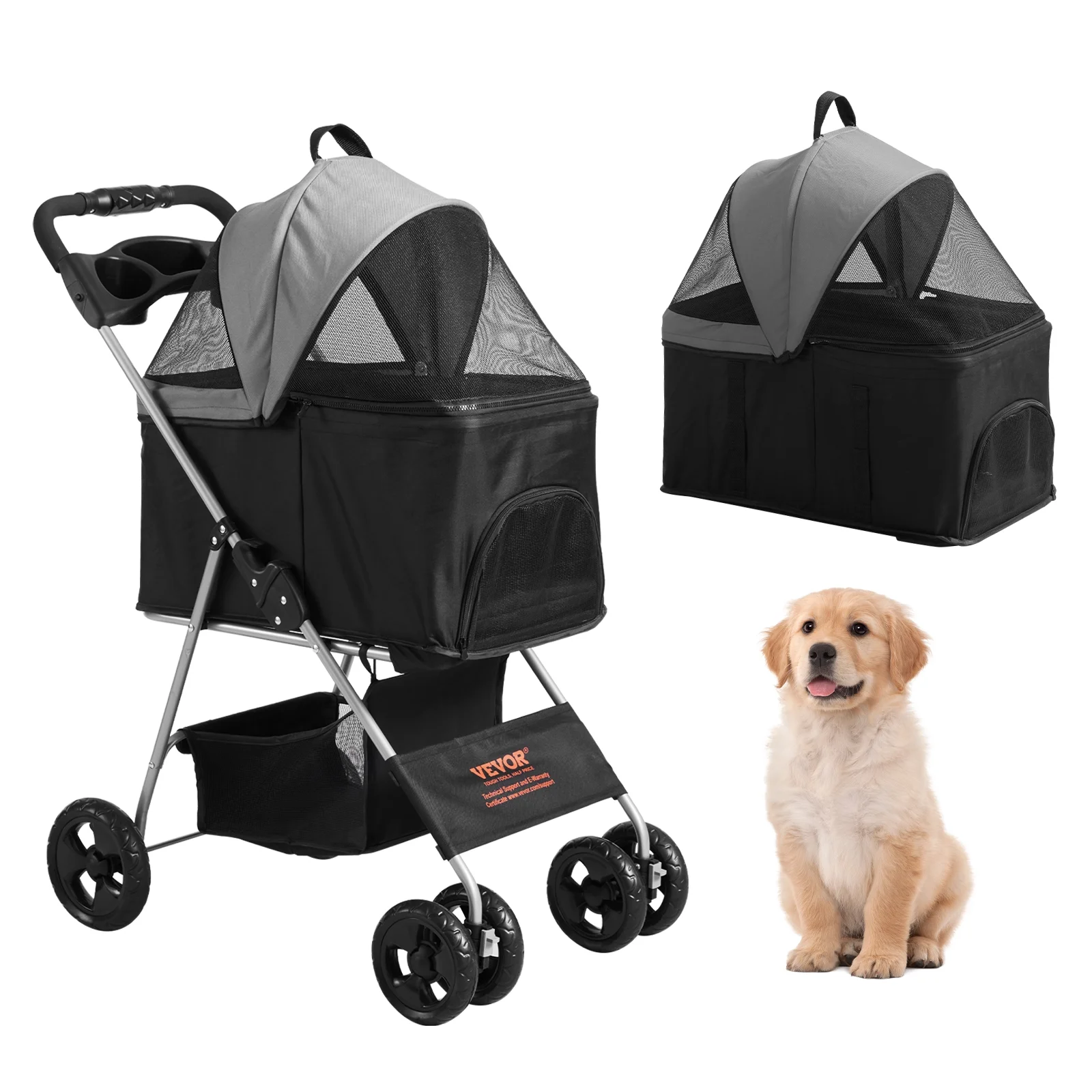 SKYSHALO 3-in-1 Pet Stroller, 4 Wheels Foldable Premium Multifunction Dog Cat Stroller with Cup Holder, 35 lbs Weight Capacity, Black and Dark Grey