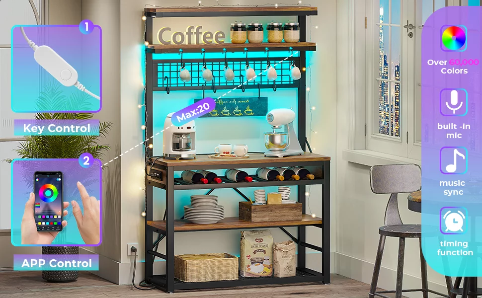 AOGLLATI Bakers Rack with USB Charging Ports, 6-Tier Coffee Bar with LED Lights & Storage, Microwave Stand with Wine Rack,Rustic Brown