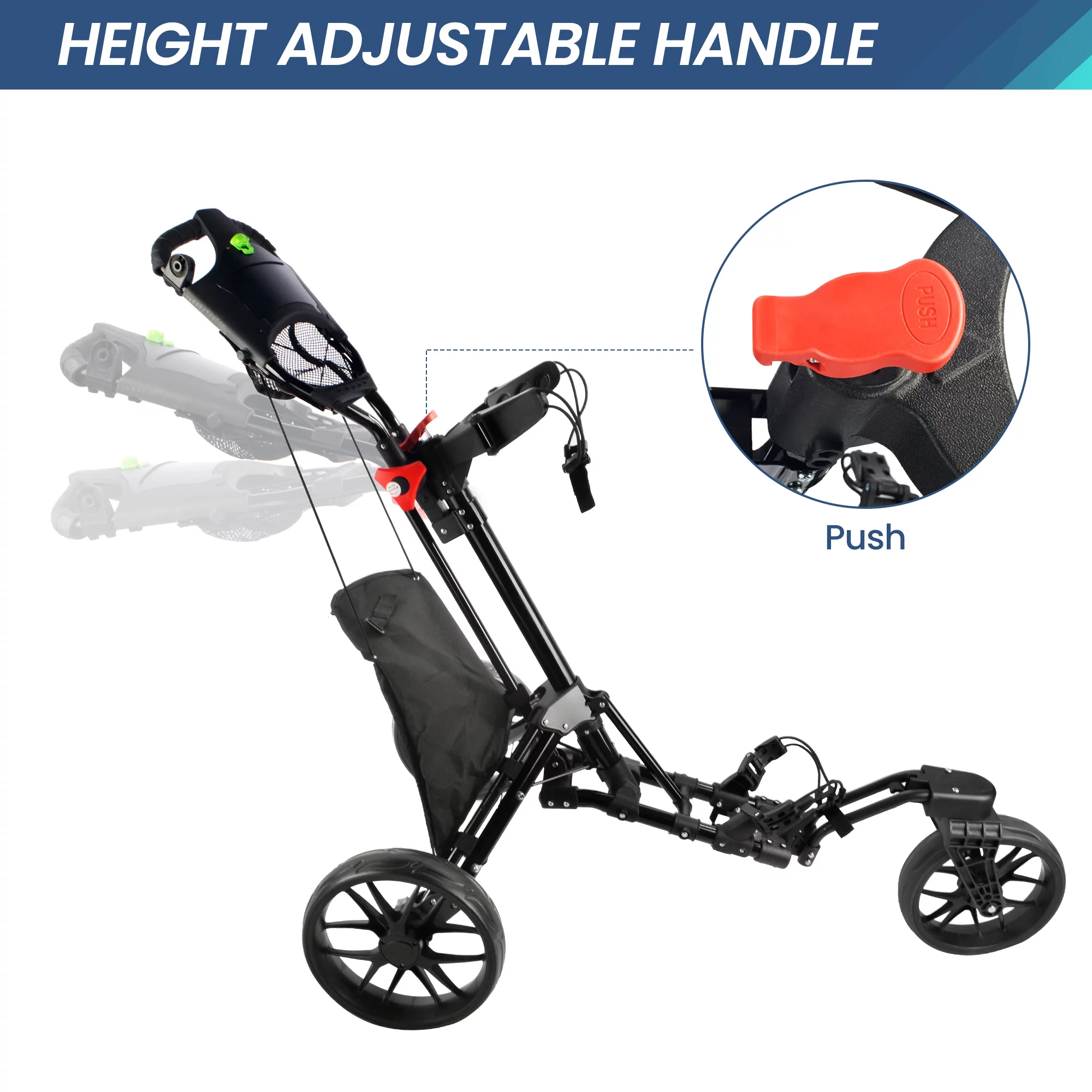 BOBOPRO Universal Wheel Golf Push Cart with Footbrake, Bottle Holder, Umbrella Stand, Cooler Bag,Balck