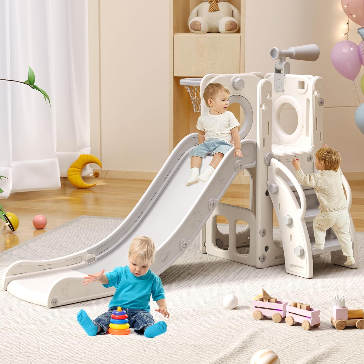6 in 1 Toddler Playset with Slide,Toddler Slide,Slide for Kids with Basketball Hoop,Ball,Ring Toss,Kids Slide Toddler Playground Toddler Slide Indoor Outdoor Toys (6 in 1, White Grey)