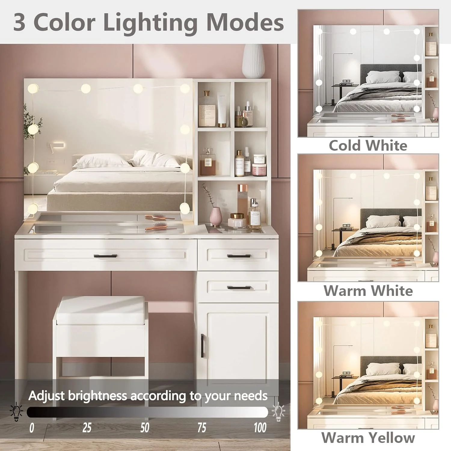 ONKER White Vanity Desk with Mirror and Lights,Glass Top Vanity Table with 3 Drawers and Cabinets,Large HD Mirror Makeup Desk,3 Lighting Modes, Brightness Adjustable,45 in(L)