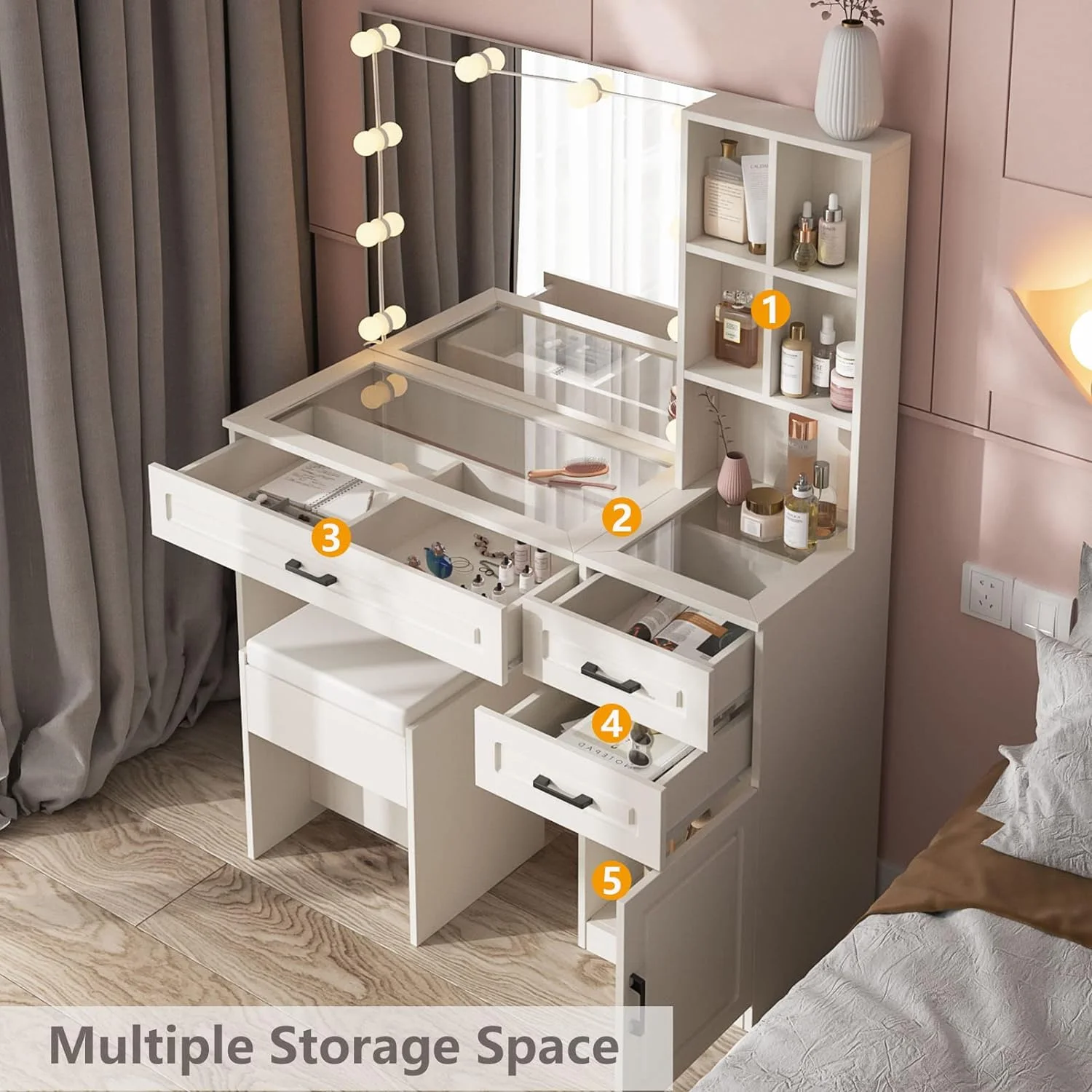 ONKER White Vanity Desk with Mirror and Lights,Glass Top Vanity Table with 3 Drawers and Cabinets,Large HD Mirror Makeup Desk,3 Lighting Modes, Brightness Adjustable,45 in(L)