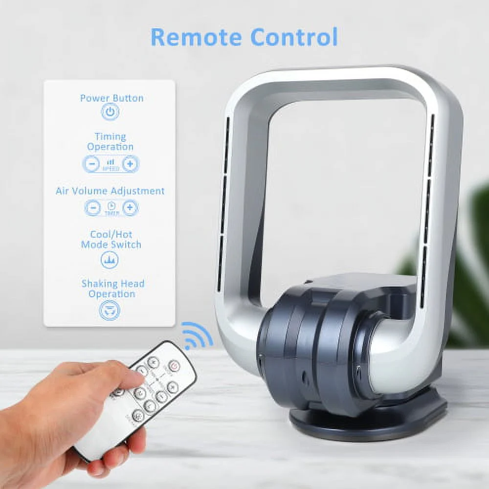 InfiniPower Wall Mounted Fan Bladeless with Remote Controller, 2-in-1 No Leaf Heater & Fan Combo with Rotatable Head, 9-Hour Timing, 3 Gear Normal & Heating Airflow Adjustable, Grey, 15.7 